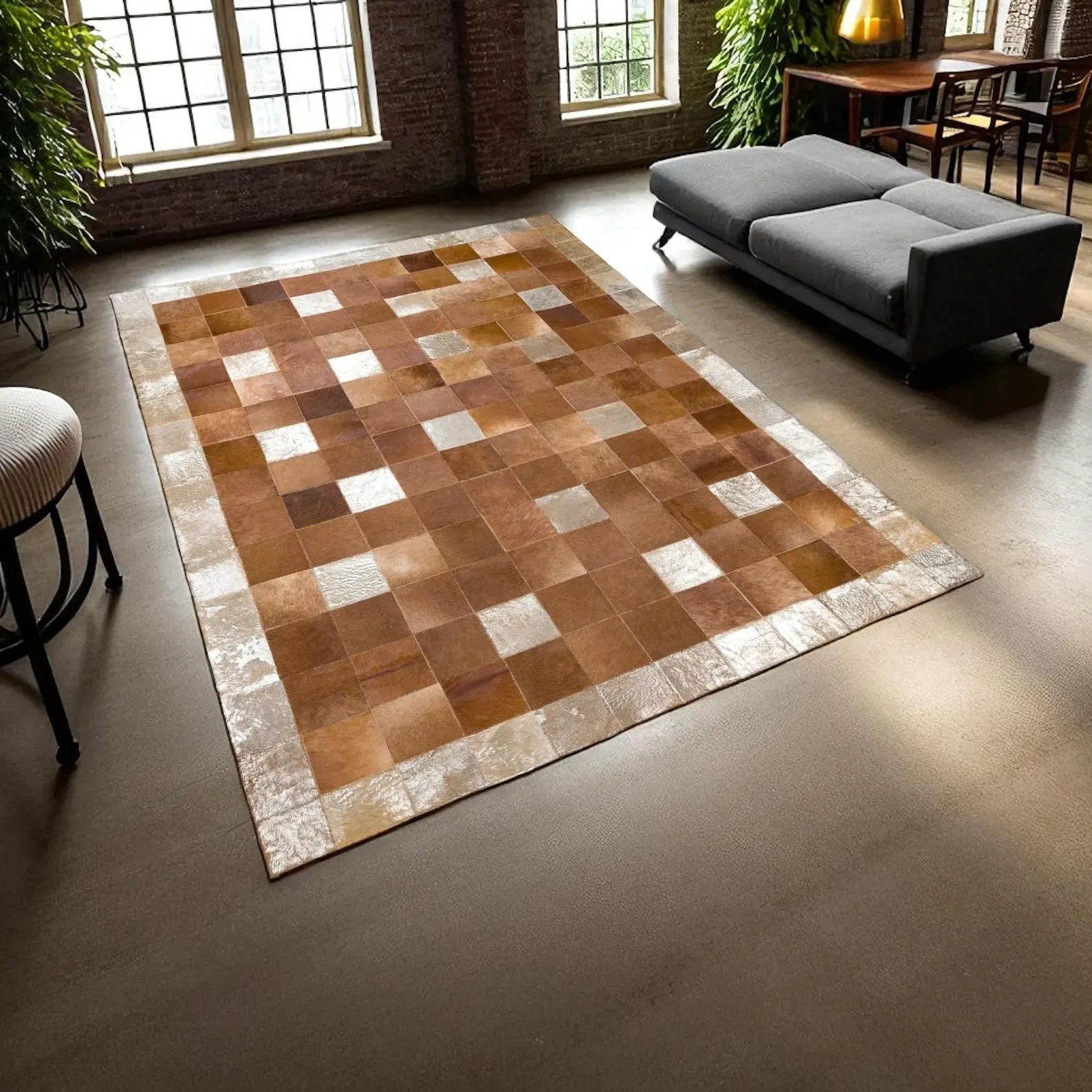 Handmade Cowhide Leather Patchwork Rug | Modern Brown & Gold Area Rug | Luxury H