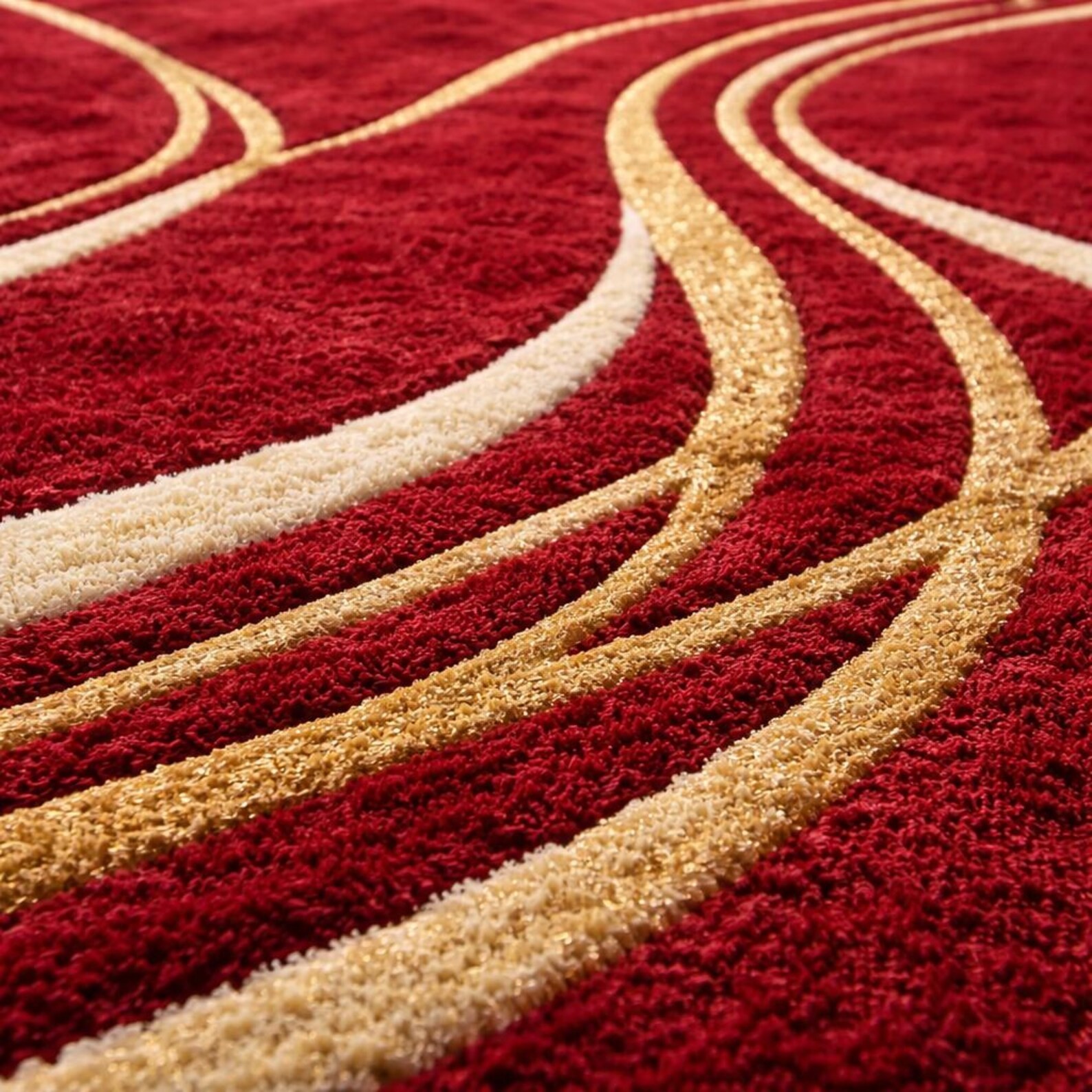 Hand Tufted Wool Rug: Red Abstract Gold Flowing Pattern, Luxury Living Room Rug