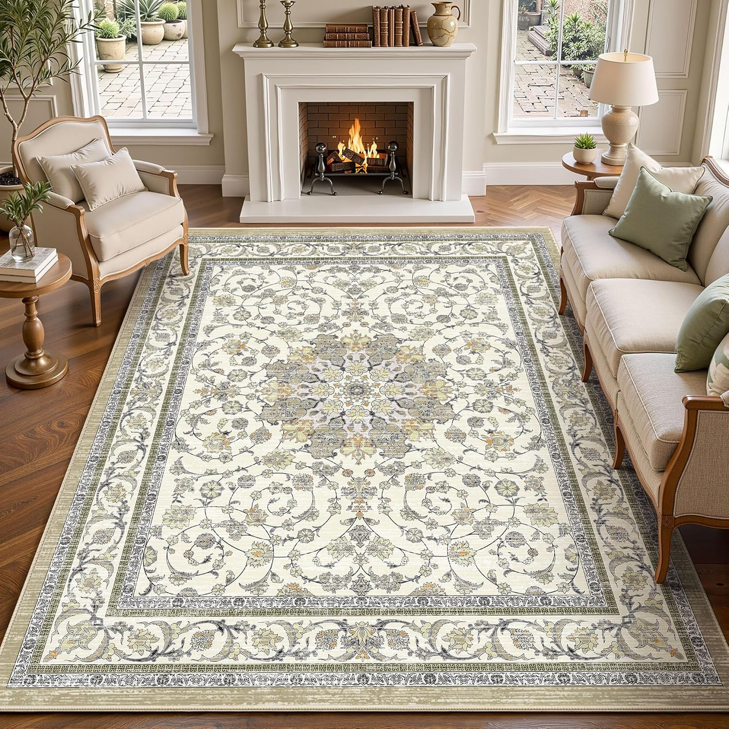 5X7 Area Rug for Living Room, Washable Ivory Cream Beige Distressed Vintage Boho