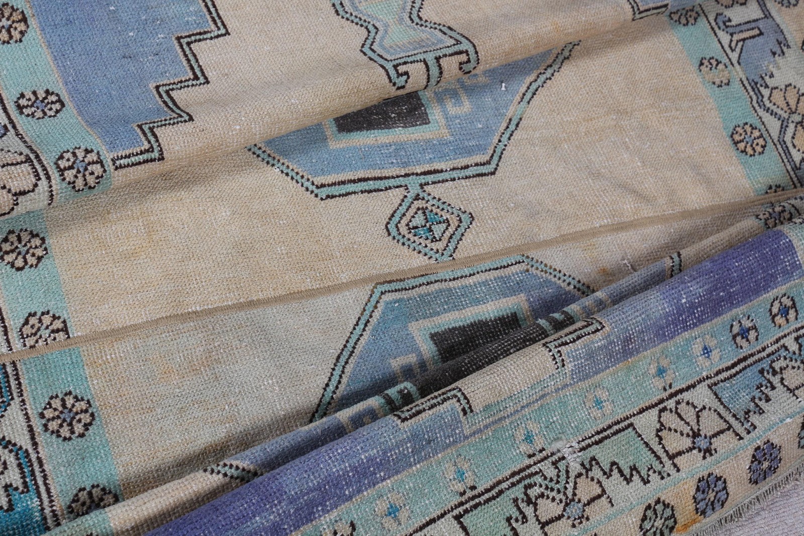 Vintage Turkish Rug, 4,4×8,9 ft Area Rug, Blue Brown Floral Rug
