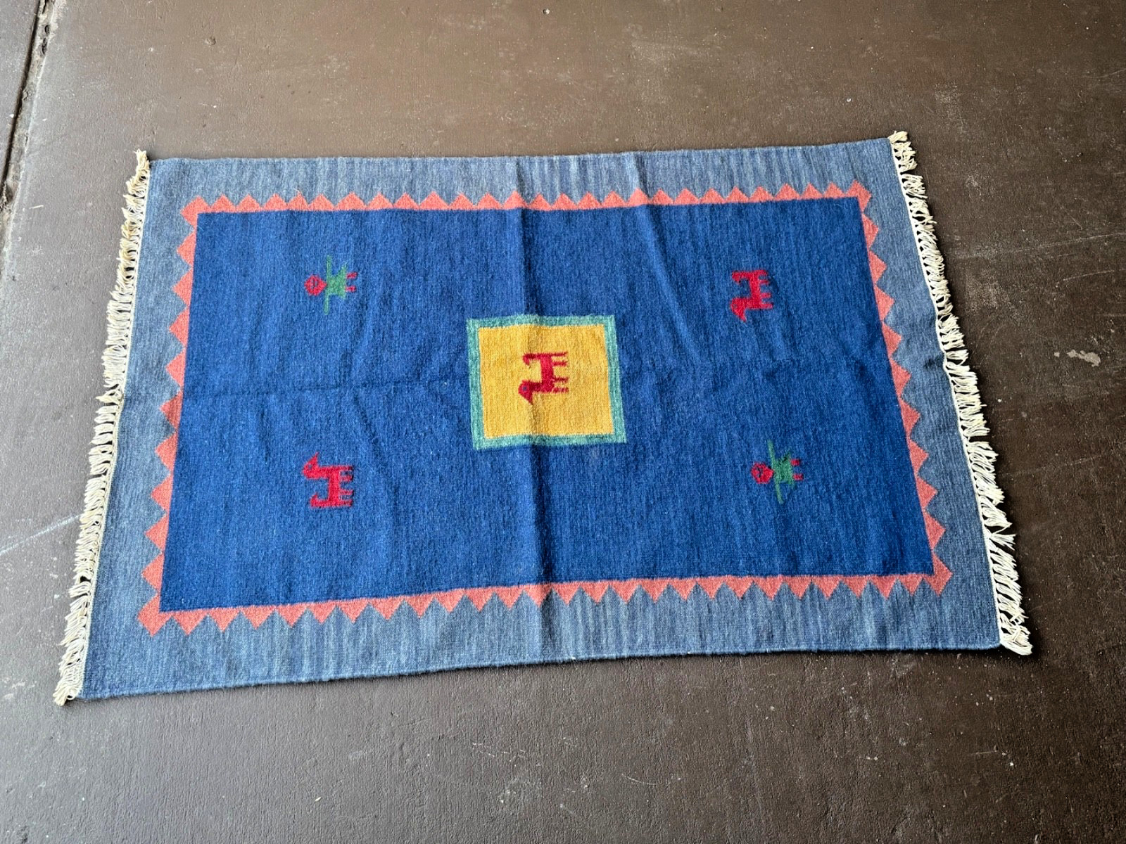 Vintage Indian 80% Virgin Wool Rug | Dark Blue Tribal Hand-Knotted German Import