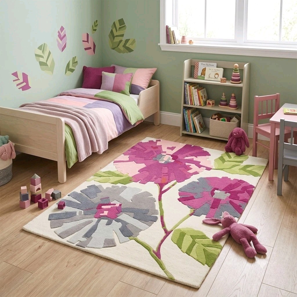 Floral Hand Tufted Wildflower Area Rug NZ Wool Rug Pink Grey Green Living Area