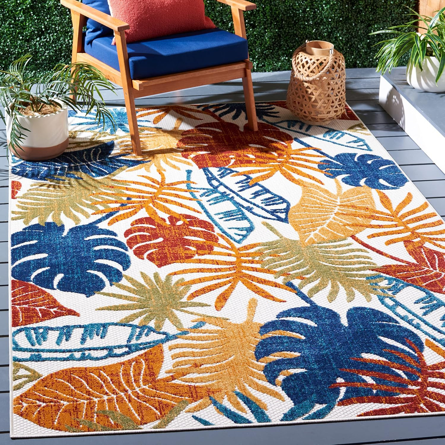 SAFAVIEH Washable Rug Outdoor Cabana Collection – 4′ Square, Cream & Red, Non-Sh