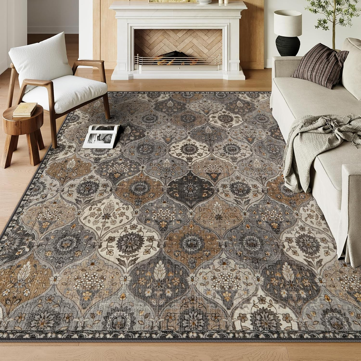 Soft Moroccan Trellis 9×12 Area Rug – Non-Slip, Distressed Grey Carpet