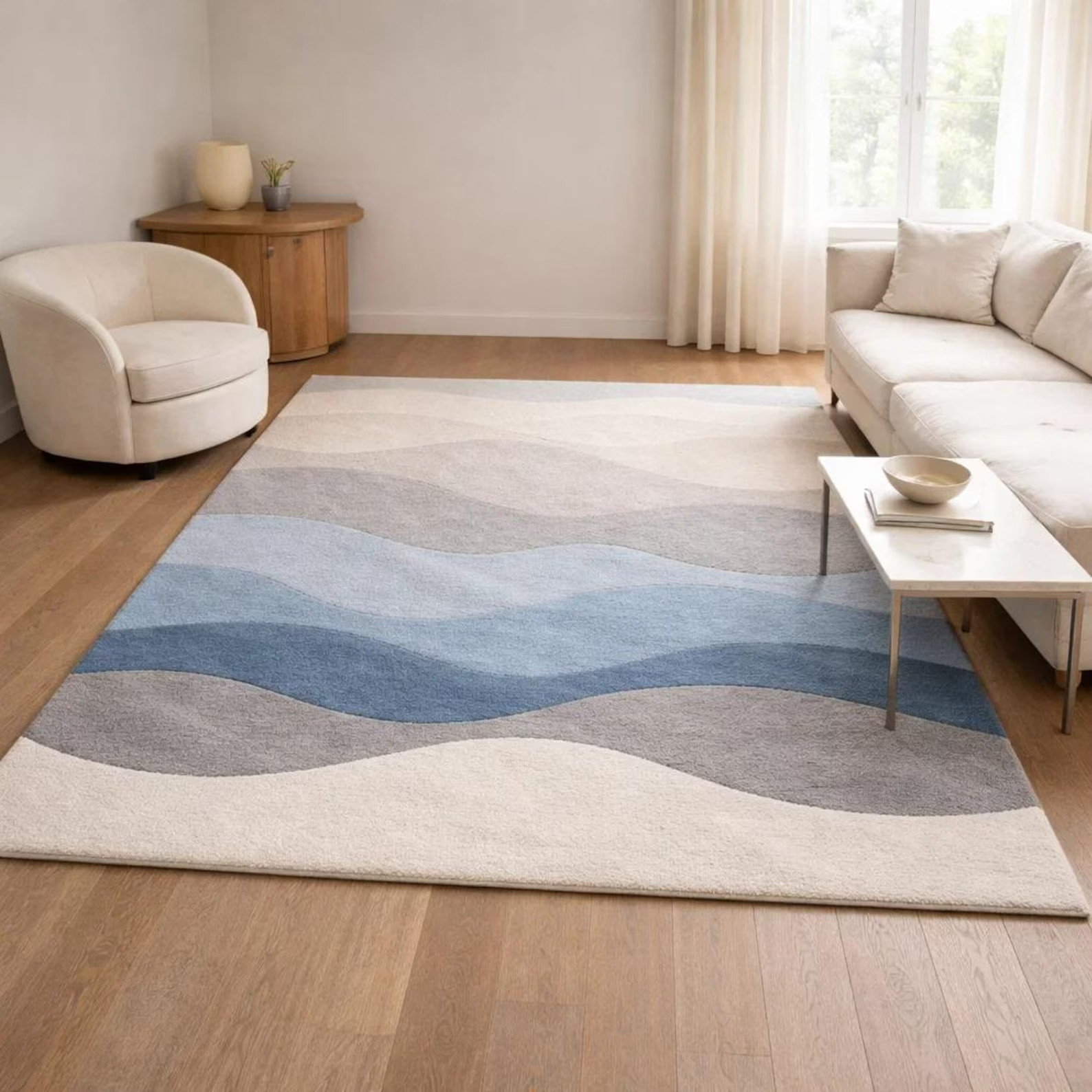 Hand Tufted Abstract Wave Rug, Blue Beige Modern Handmade Area Rug Carpet