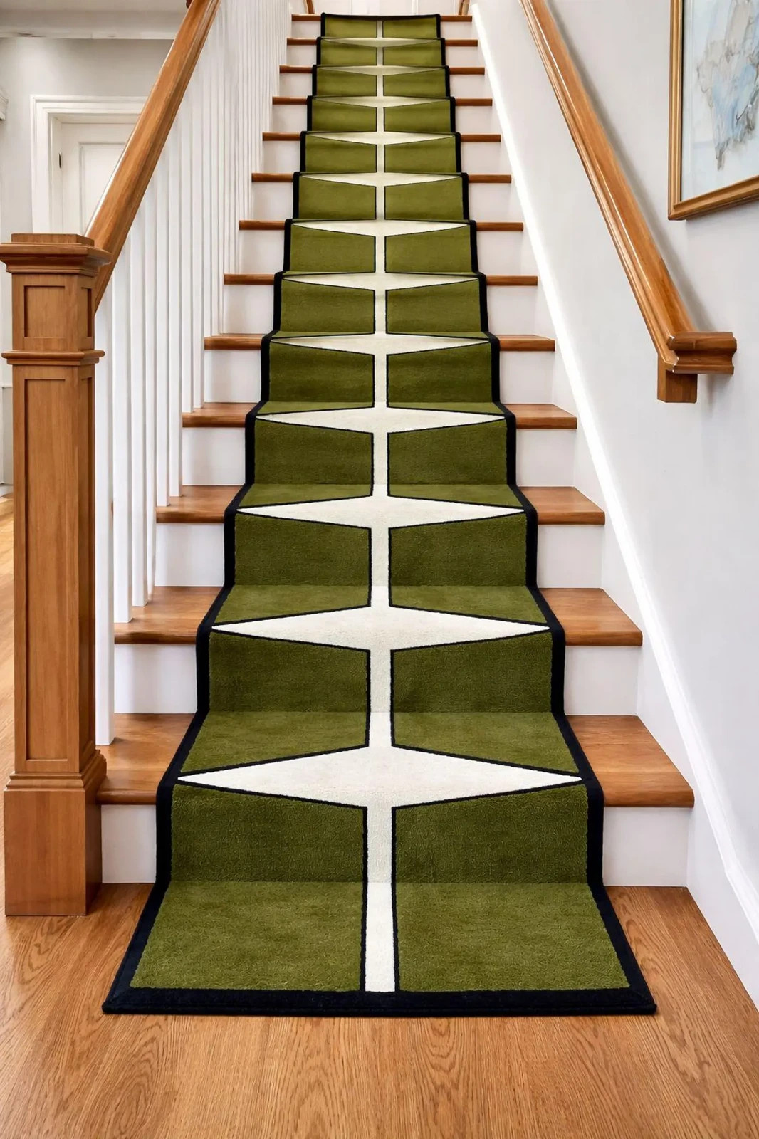 Olive Green Geometric Runner Rug, Hand tufted New Zealand Wool Hallway Carpet