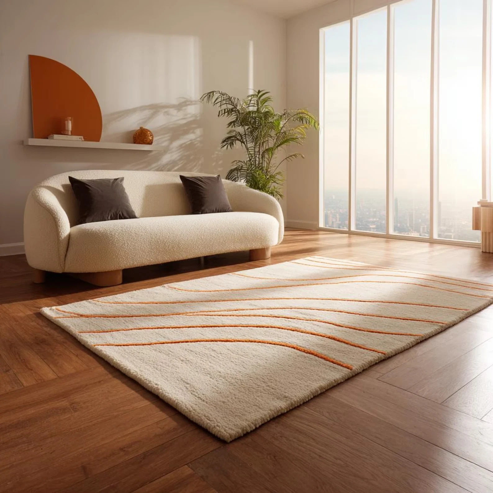 Modern Ivory Orange Tufted Minimalist Rugs for Bedroom, Abstract Boho Area 8×10