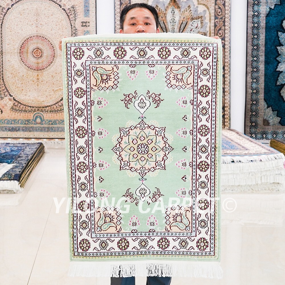 2x3ft Handmade Silk Carpet Green Hand-knotted Tapestry Soft Area Rug LZL342C