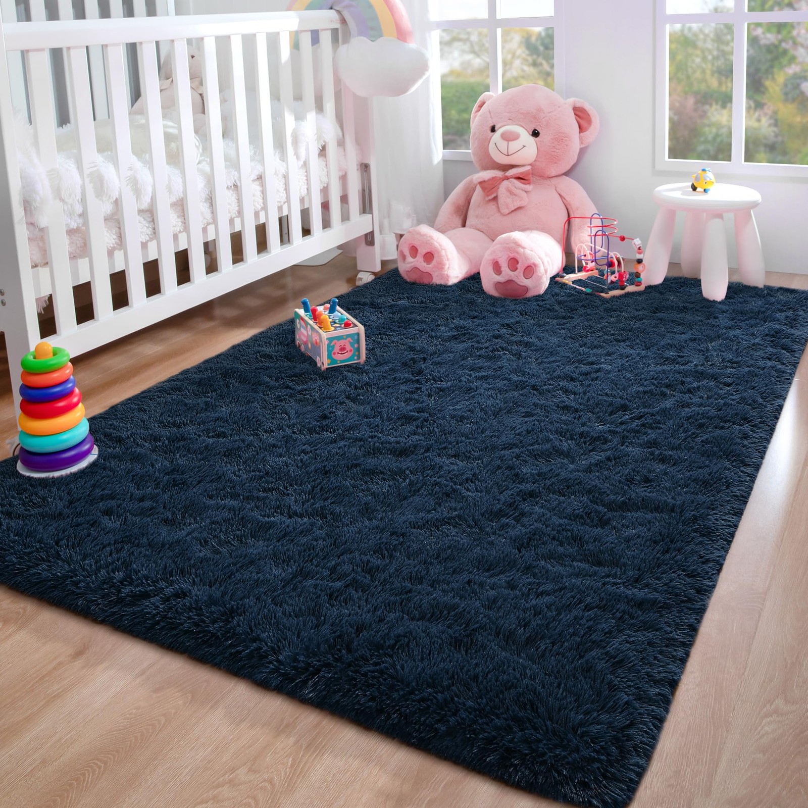 Foxmas Navy Blue 3×5 Shaggy Fluffy Area Rug for Bedroom Kids Room Nursery