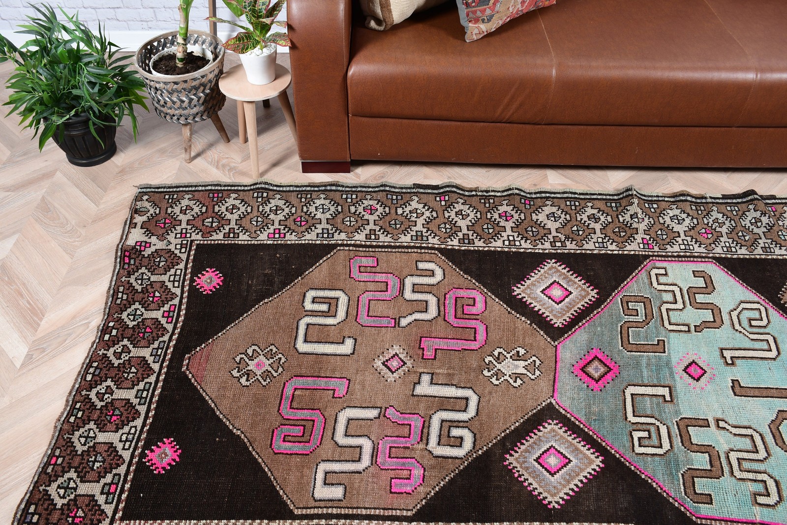 Turkish Vintage Rug, 4,3×9,1 ft Area Rug, Brown Pink Plants & trees Rug