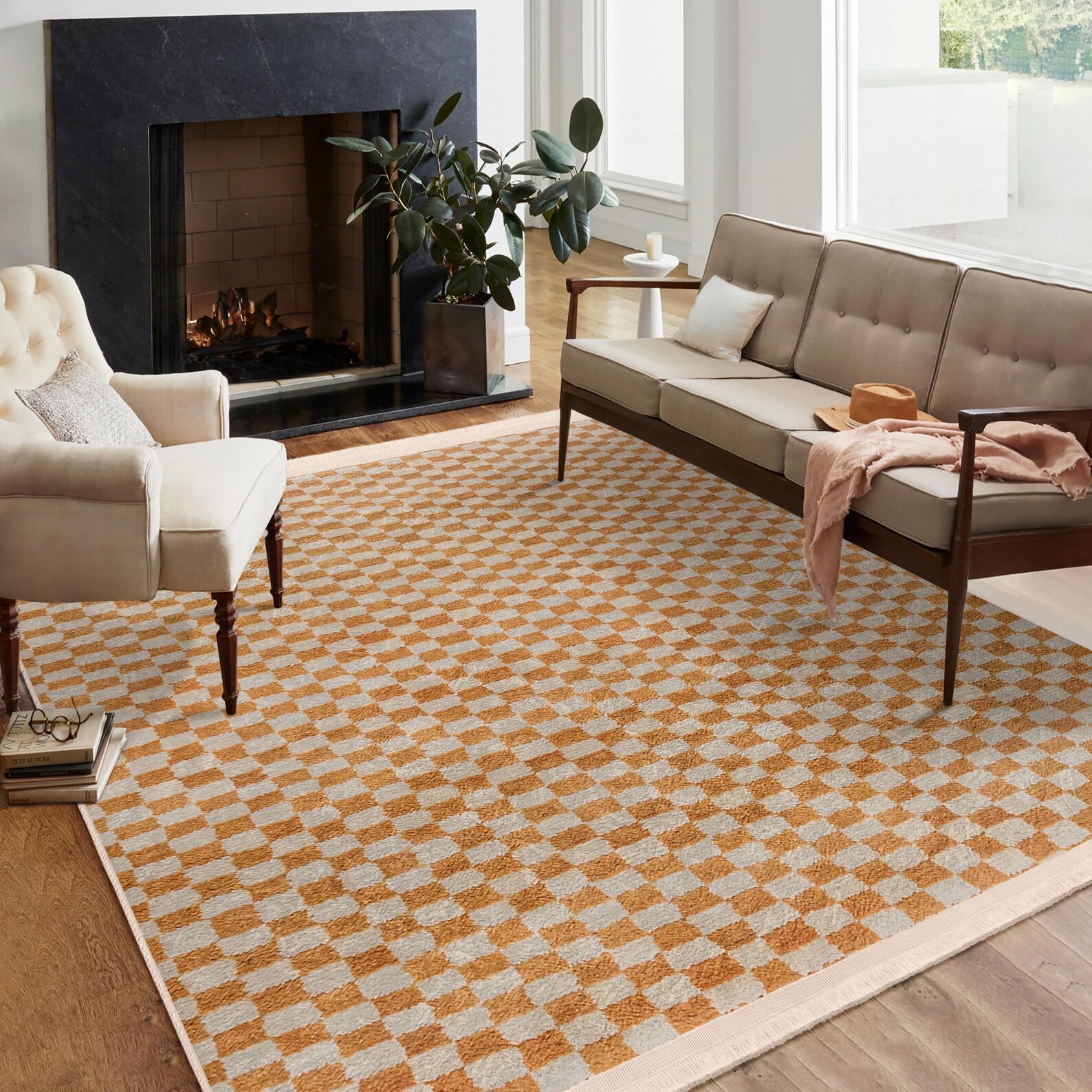 Checkered Orange Cream Geometric Square Pattern Earthy Modern Decor Rug