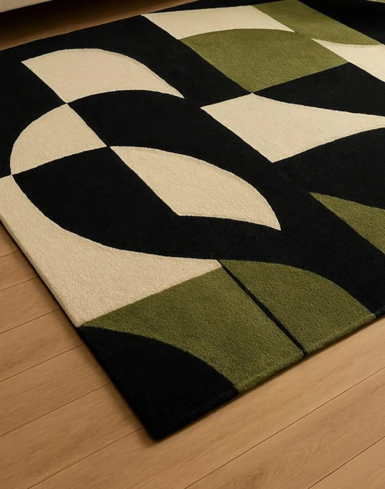 New Hand-Tufted Wool Rug: Modern Geometric Black, Green, and Beige Accent Carpet