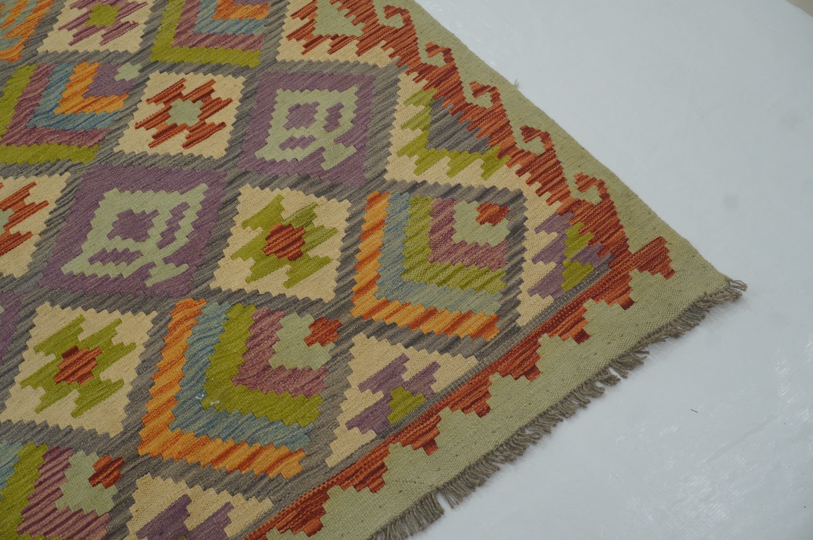 8×11 ft Gray Afghan Handmade Geometric Wool Kilim Area Rug (8’4″x11’1″)