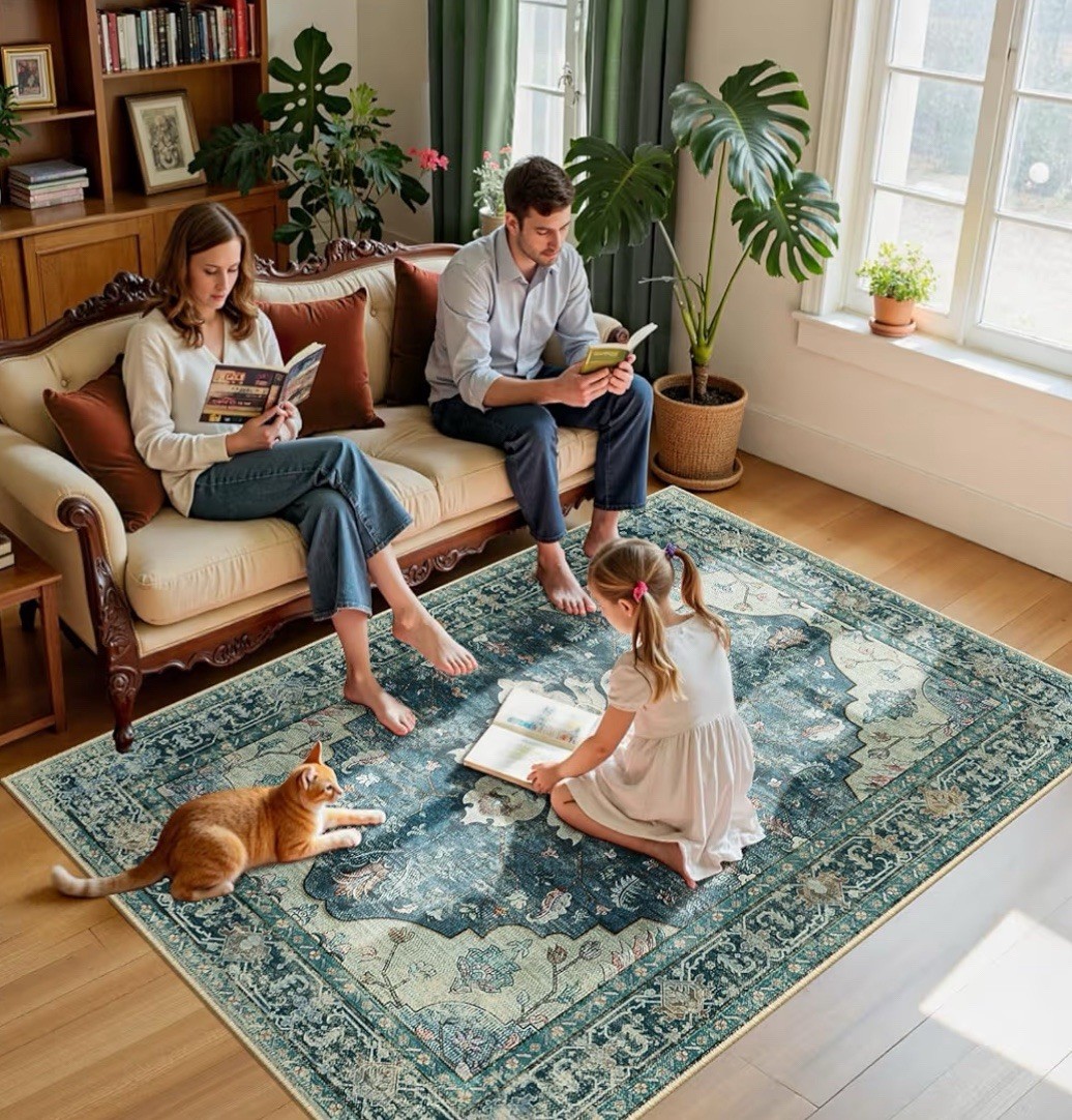 5×7 Washable Area Rug Vintage Floral Medallion Non-Slip Carpet – Dark Blue/Navy