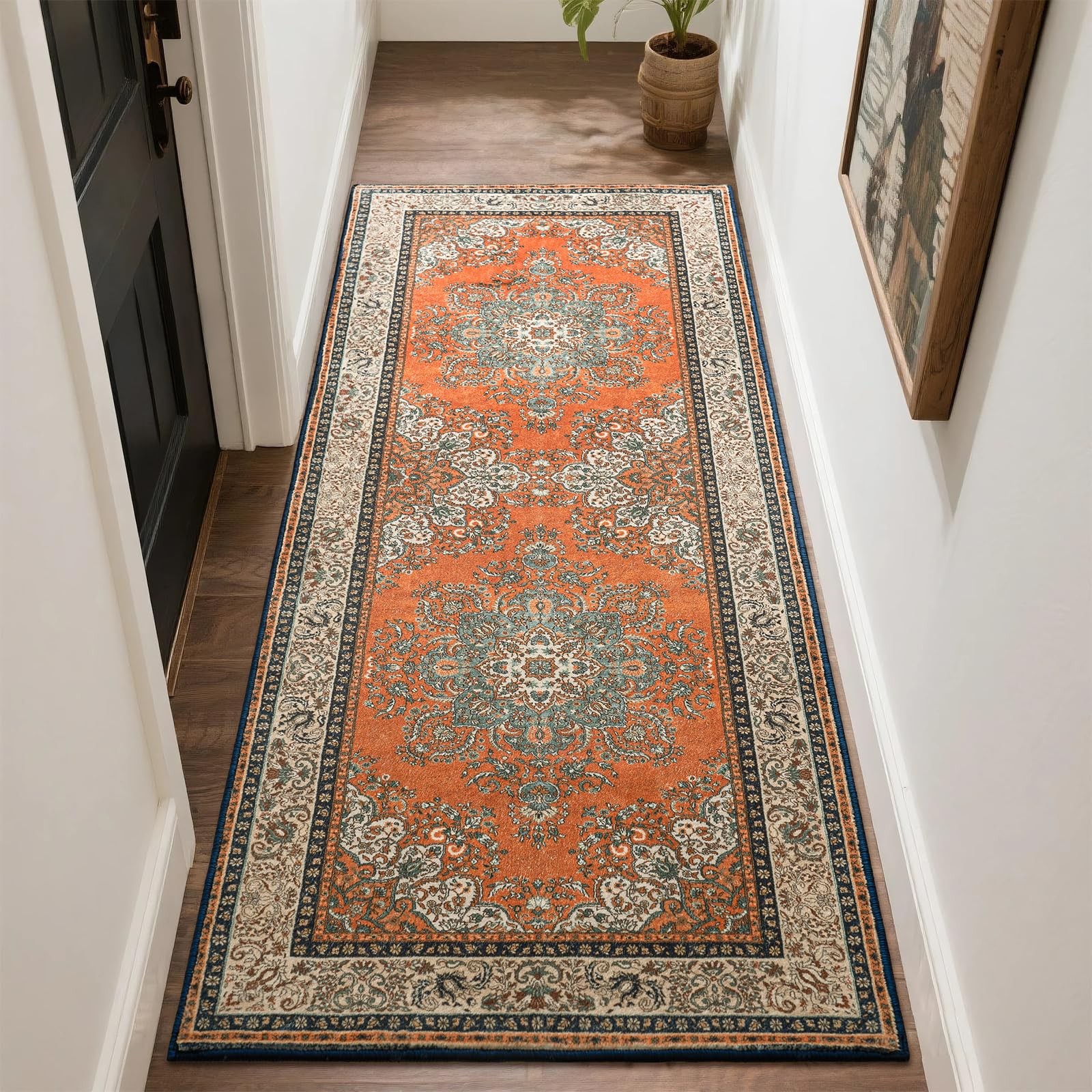 2×6 Runner Rug for Bedroom, Machine Washable Non-Slip Orange Rust Vintage Run…