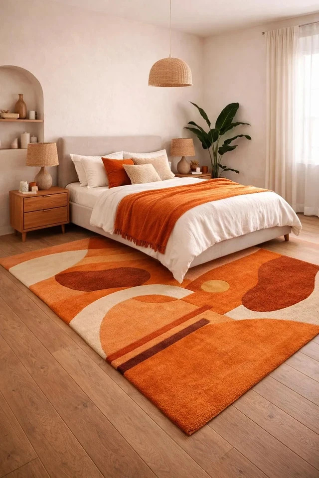 Hand Tufted Modern Abstract Orange Wool Rug Retro Geometric Area Rug Carpet.