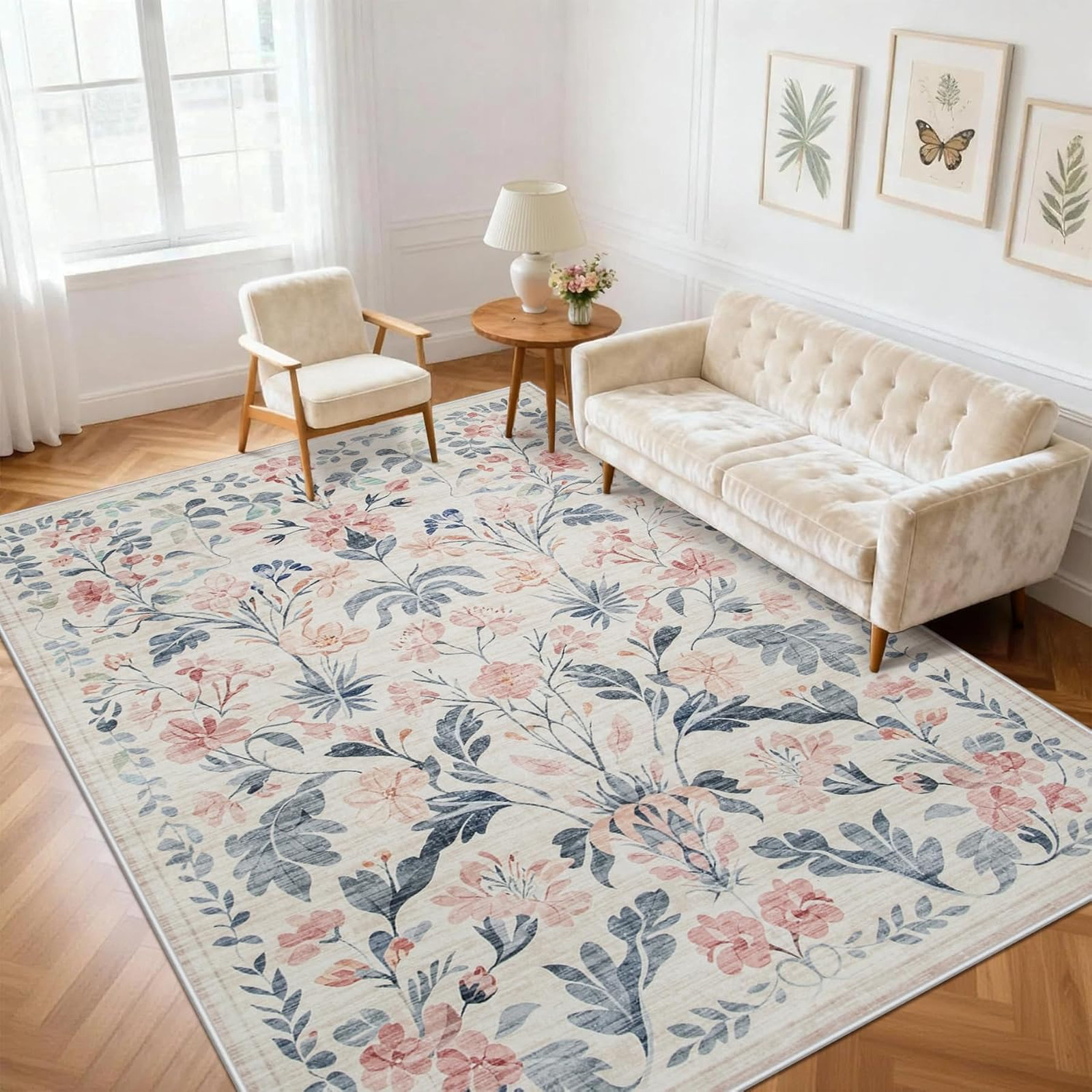 6×9 Area Rug Washable Boho Floral Low Pile Non Slip Living Room Carpet Soft