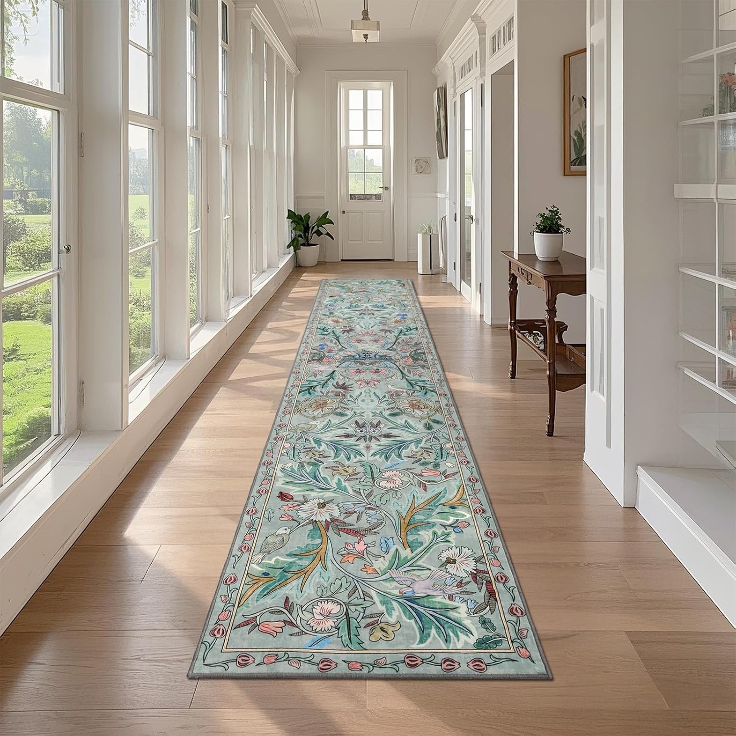 Long 2′ x 10′ Botanical Runner Rug – Stain Resistant, Washable Elegance for Home