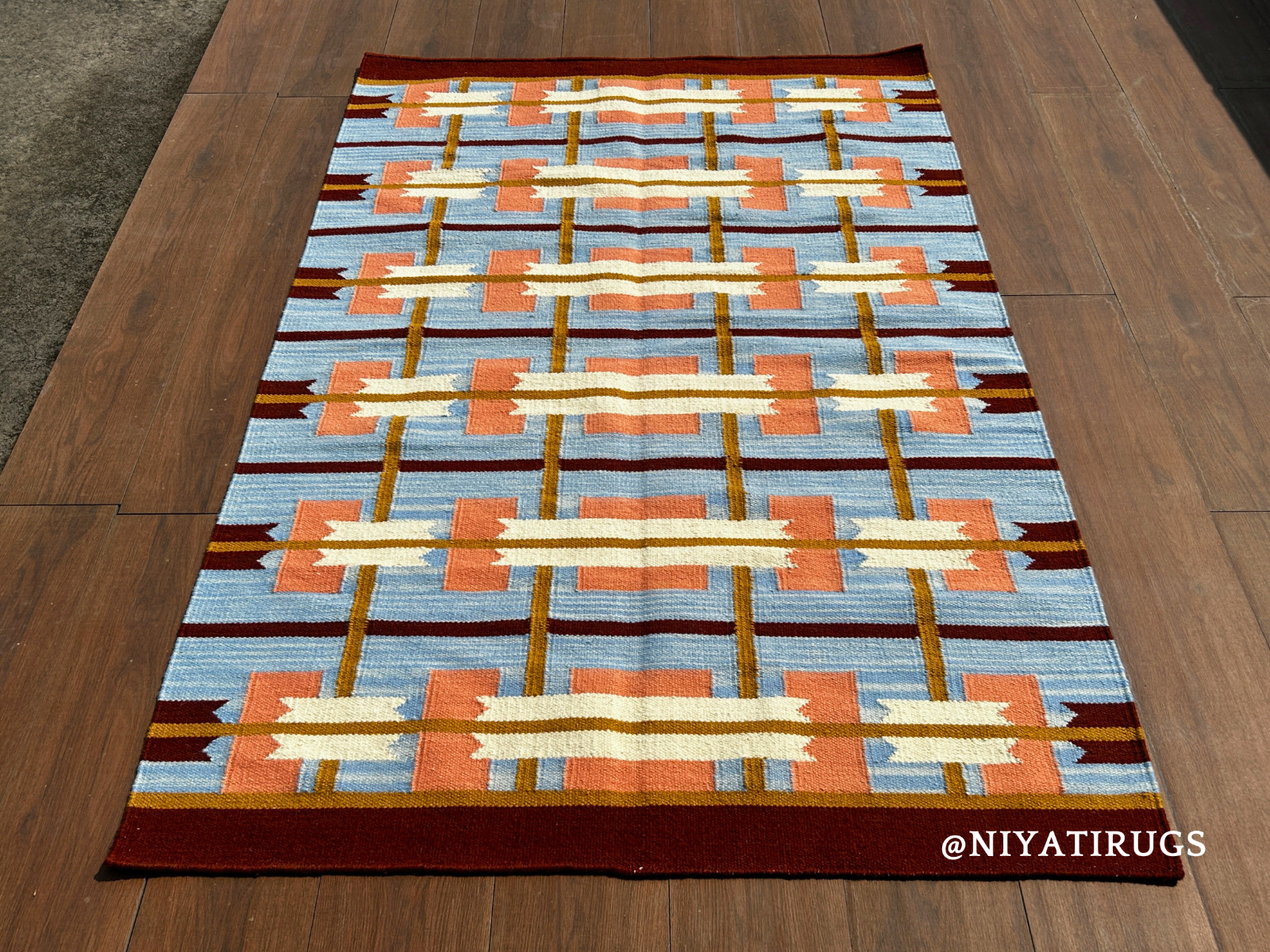 Swedish Kilim Wool Area Rug Blue Peach Geometric Scandinavian Handwoven Boho Rug