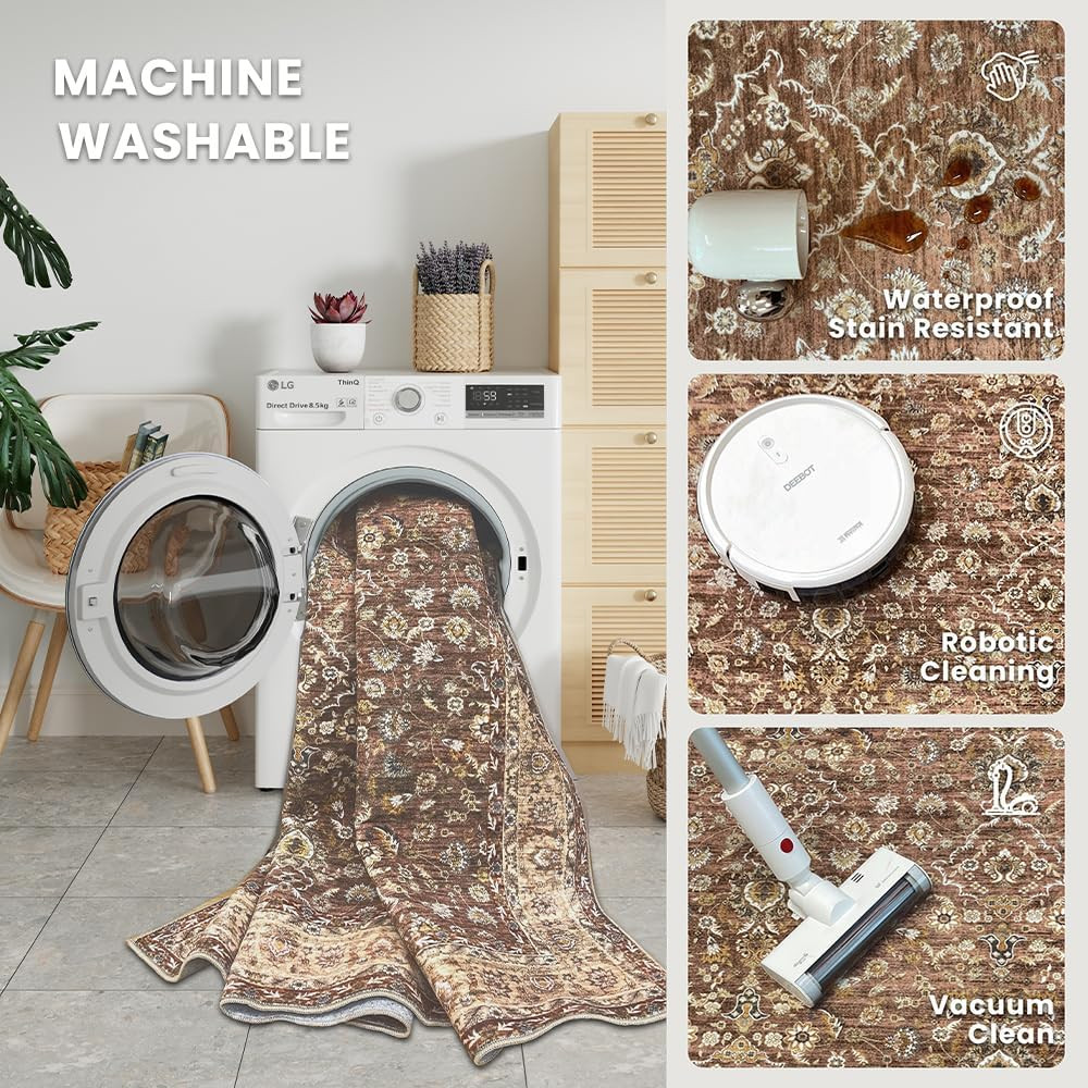 8X10 Reddish Brown Washable Area Rug for Living Room & Bedroom Decor