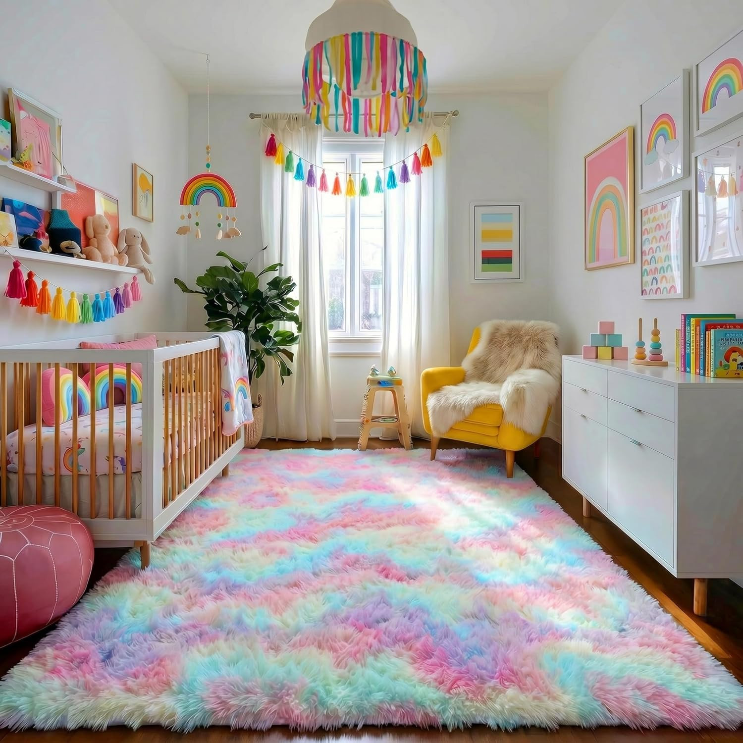 Rainbow Pastel Kids Rugs for Toddler Girls Bedroom, Cute Unicorn Room Decor, Flu