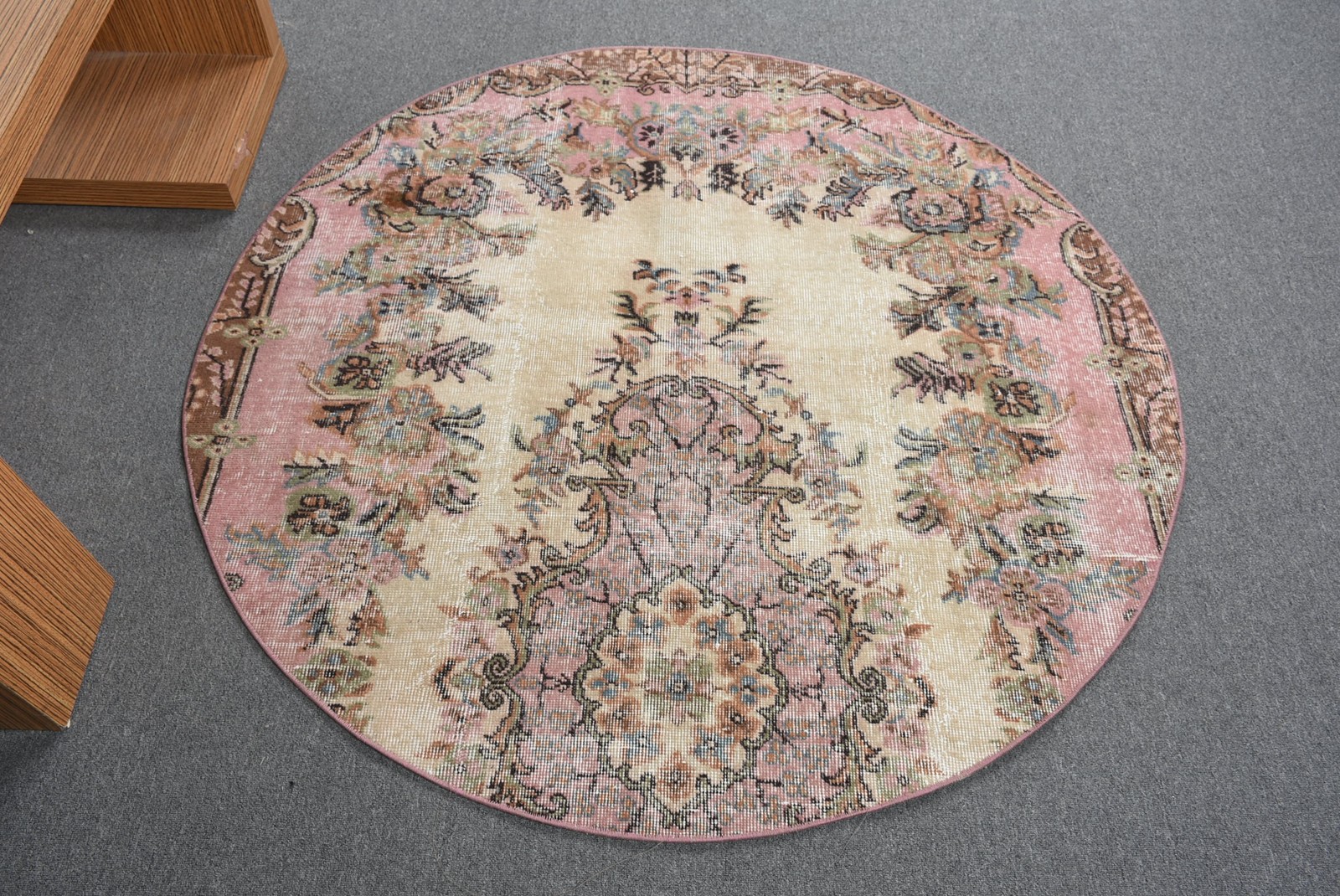 Vintage Turkish Rug, 4,9×4,9 ft Round Rug, Pink Brown Oriental Rug