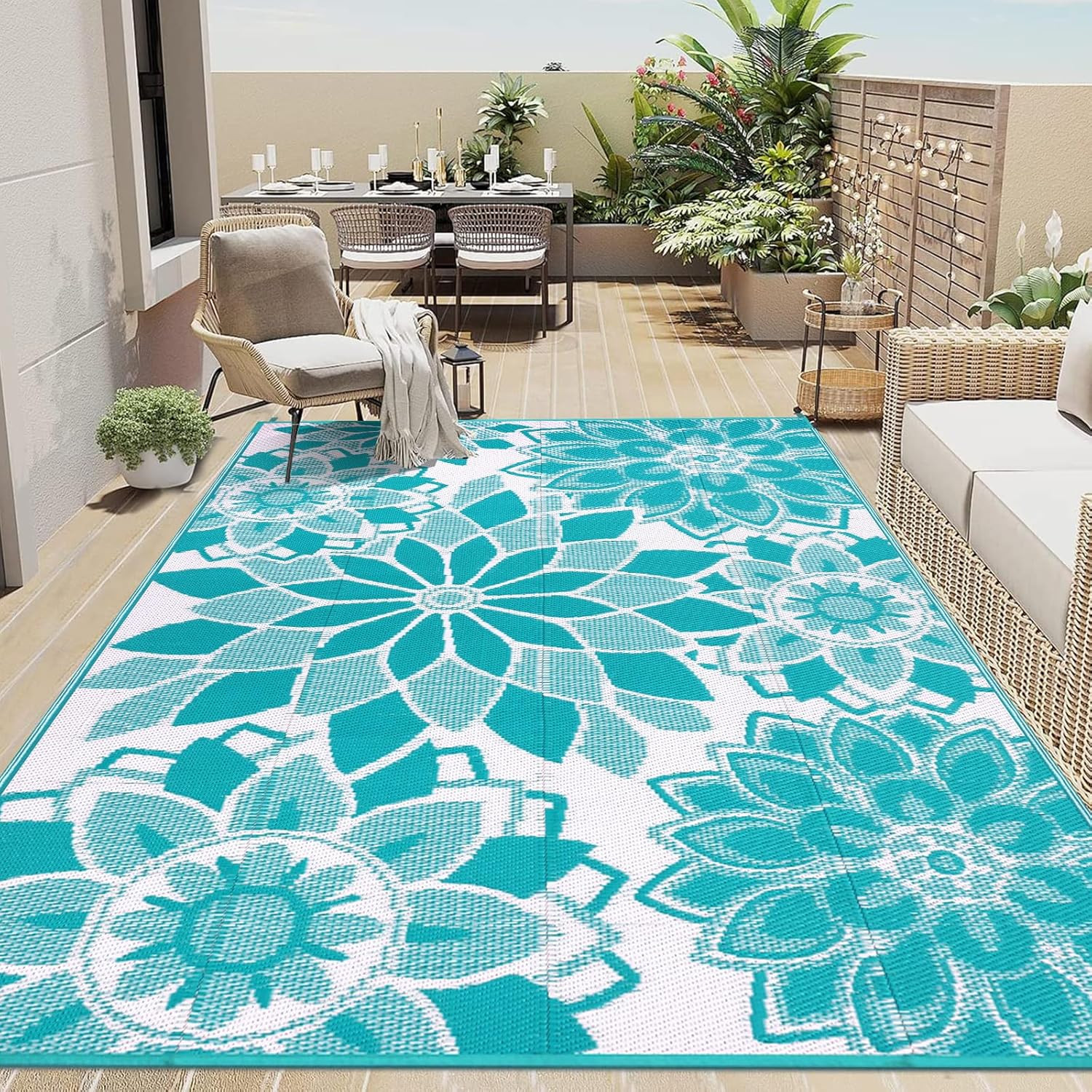 Outdoor Rug for Patio 5X8 Ft Reversible Plastic Straw Patio Camping Rug, Floral