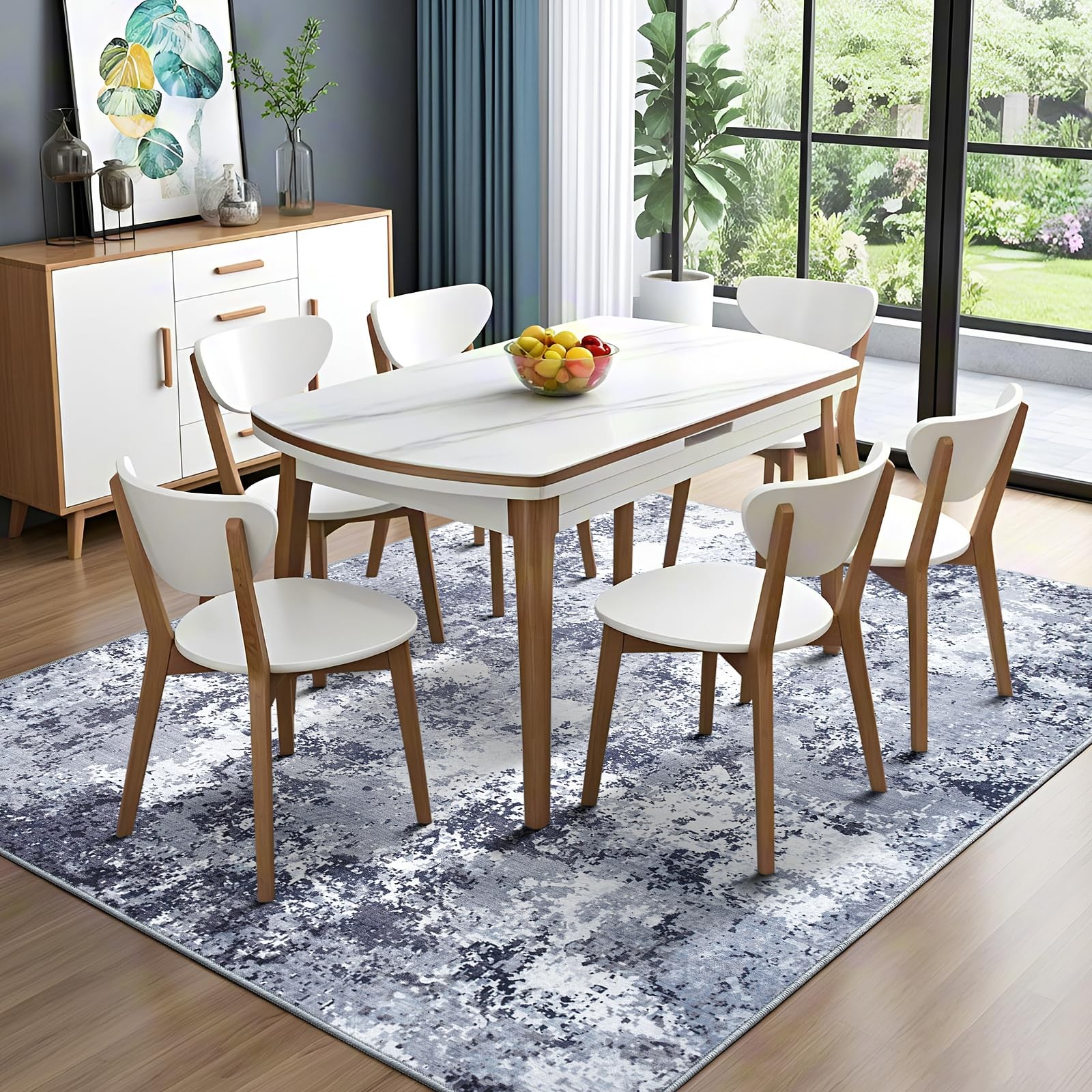 4×6 Feet Washable Modern Abstract Blue White Low Pile Area Rug Foldable