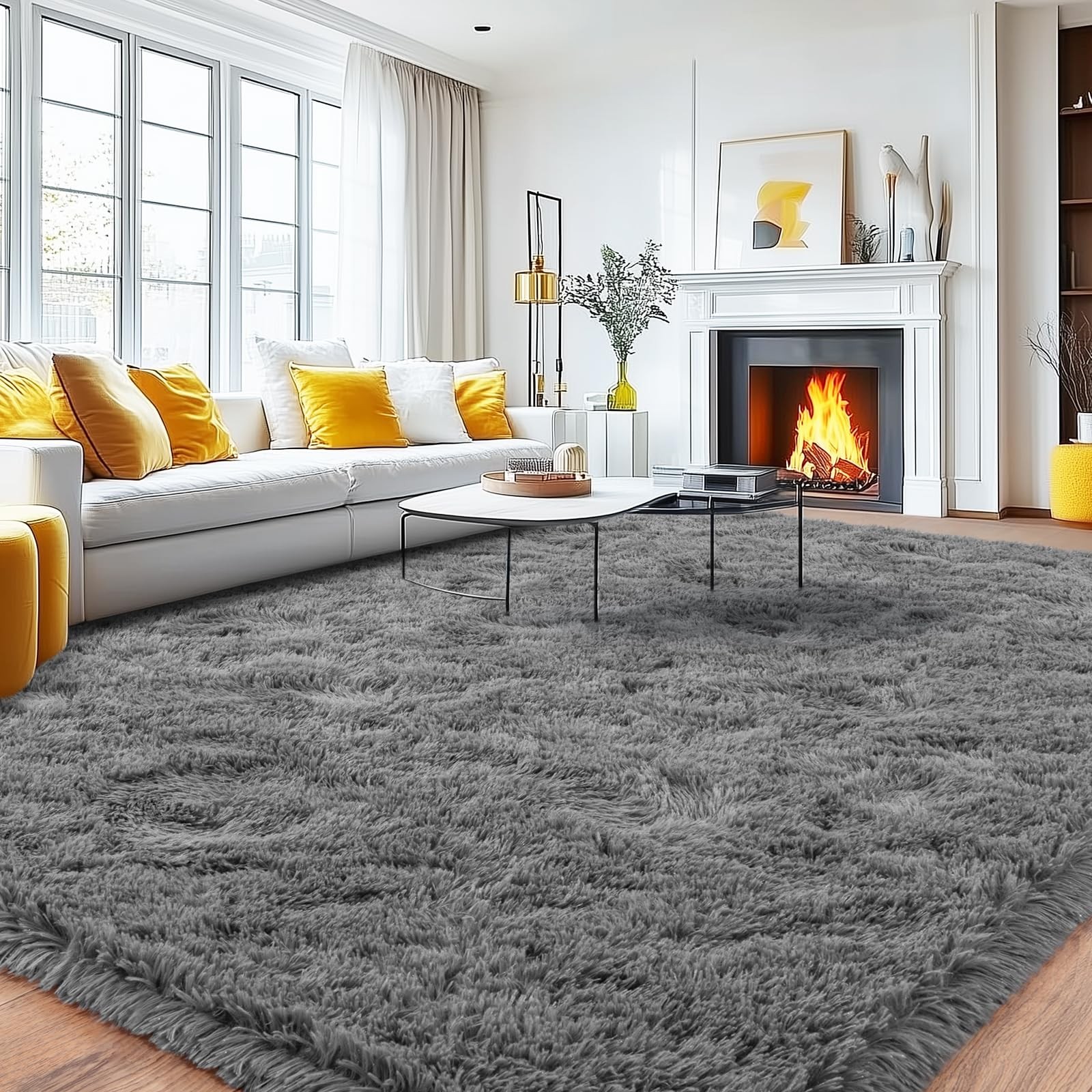 Alfombras Peludas Color Gris 8X10 Para Sala Cuarto Modernas Grandes En Oferta