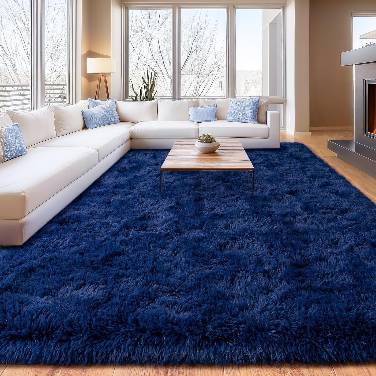 Fluffy Area Rug Large Dark Blue Soft Shaggy Carpet for Living Room Bedroom Floor