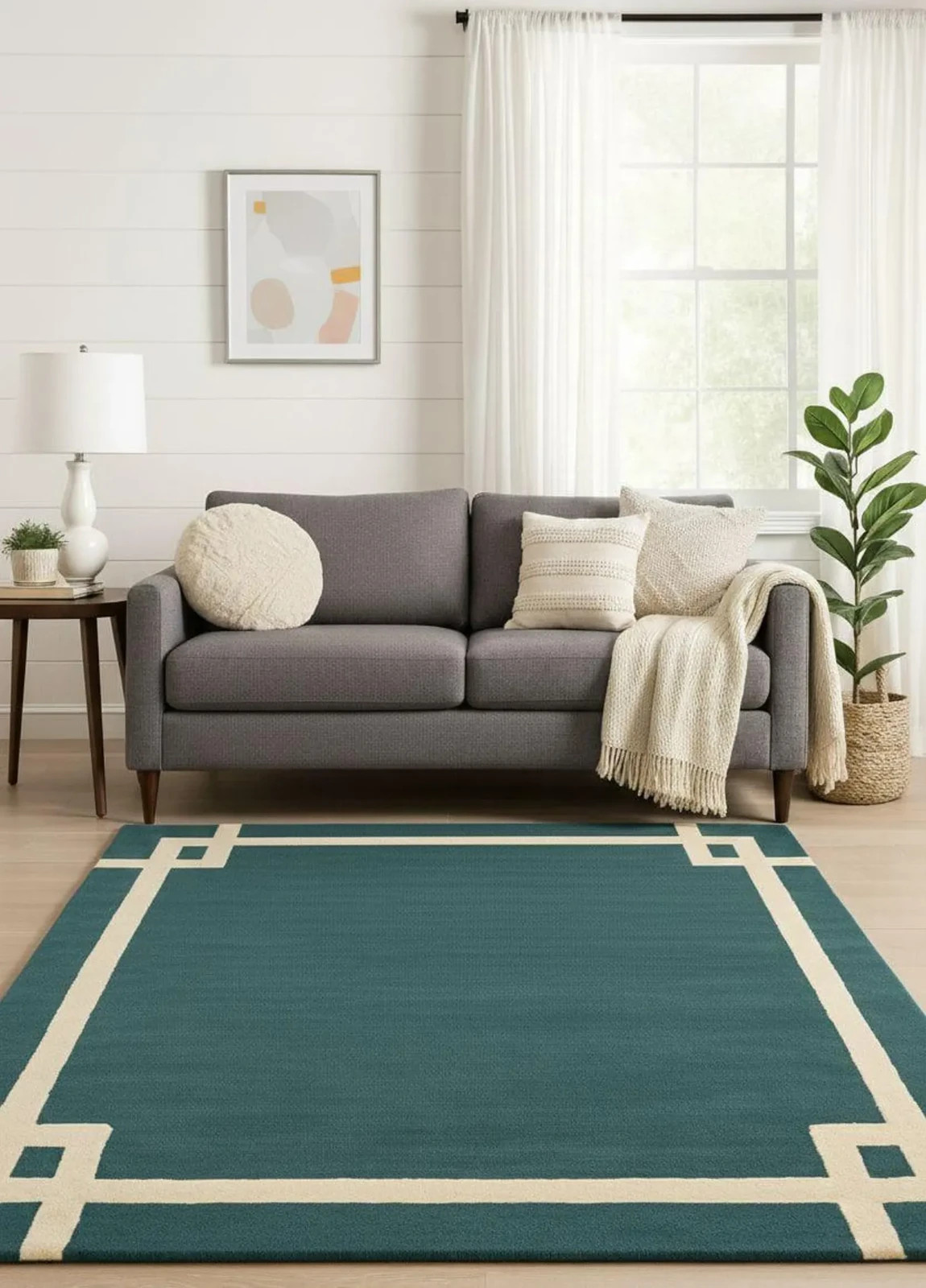 Modern Teal and Blue Bordered Wool Area Rug, Luxury Hand Tufted Geometric Carpet