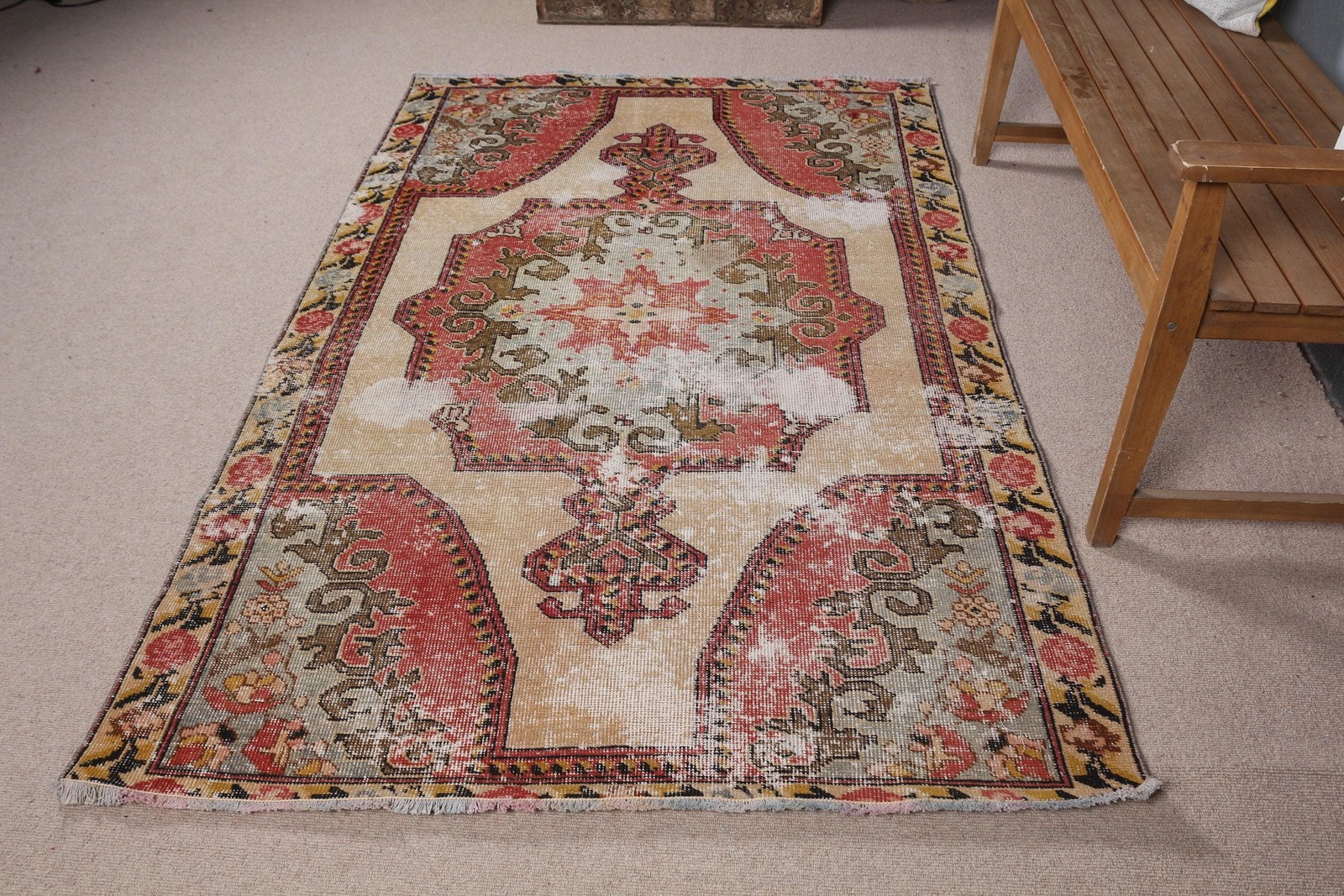 4,4×7 ft Rug, Vintage Turkish Rug, Red Beige Floral Wool Rug