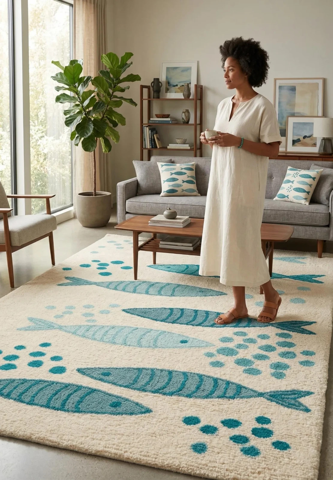 Handmade Tufted Fish Pattern Rug Ocean Inspired Playful Bubbles Living Room Rugs