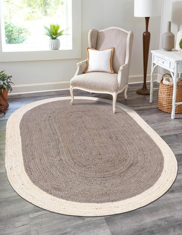 Handmade Oval Jute Rug Contrast Border Braided Area Rug Farmhouse Carpet Decor