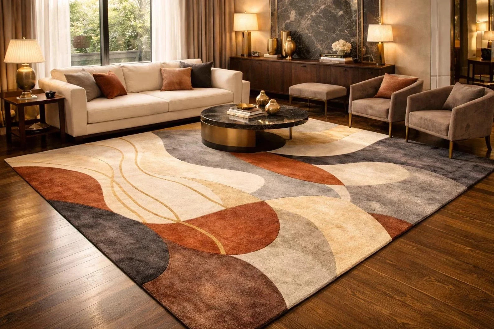 Hand-Tufted Abstract Wool Rug Beige Brown Grey Geometric Area Rug Carpet