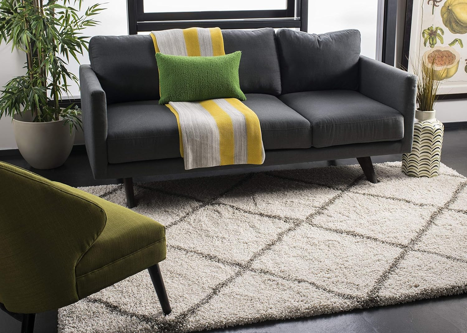 SAFAVIEH Hudson Shag Collection 3′ round Ivory/Grey SGH281A Modern Diamond Trell