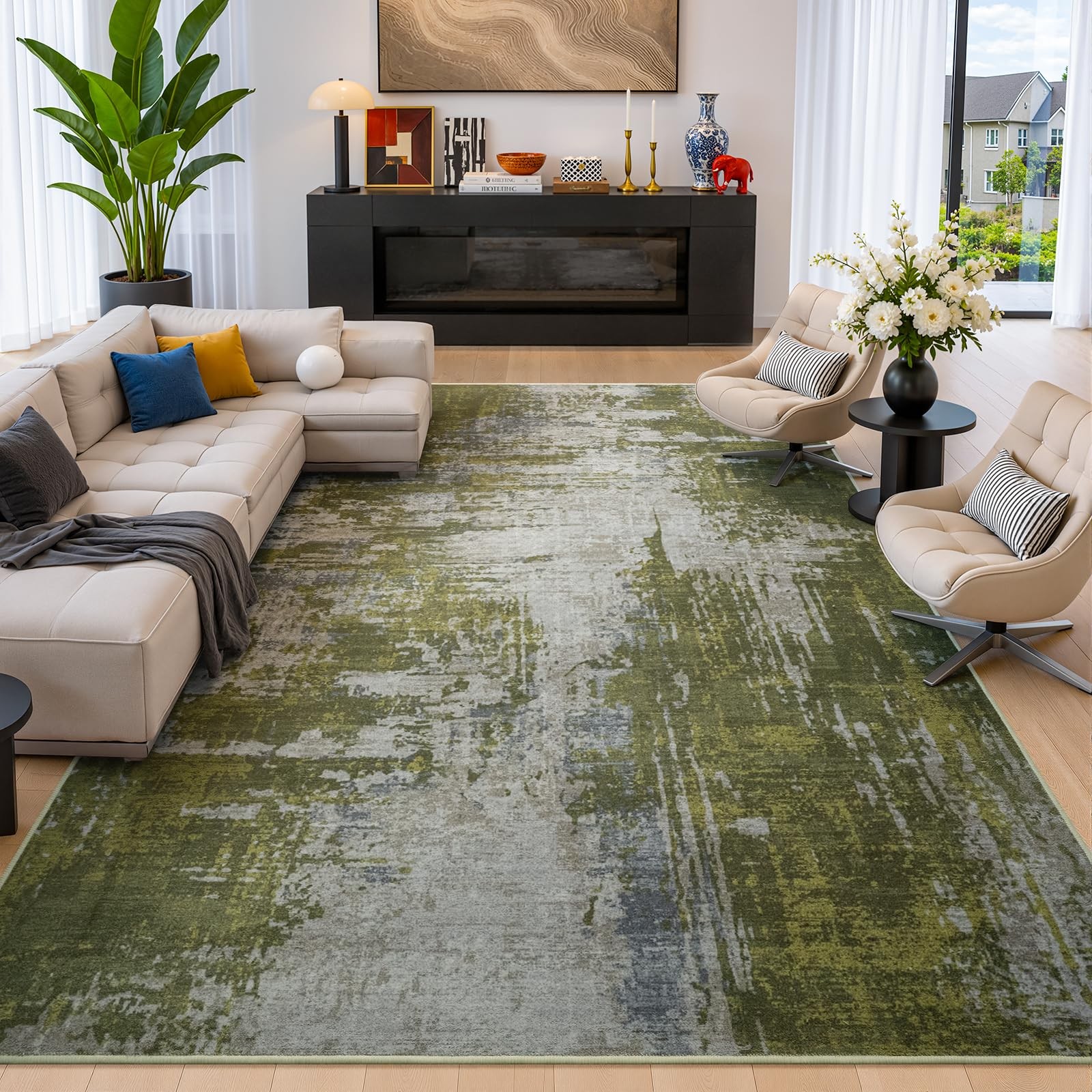 Merelax 6X9 Green Area Rug For Living Room Large Washable Boho Abstract Bedroom