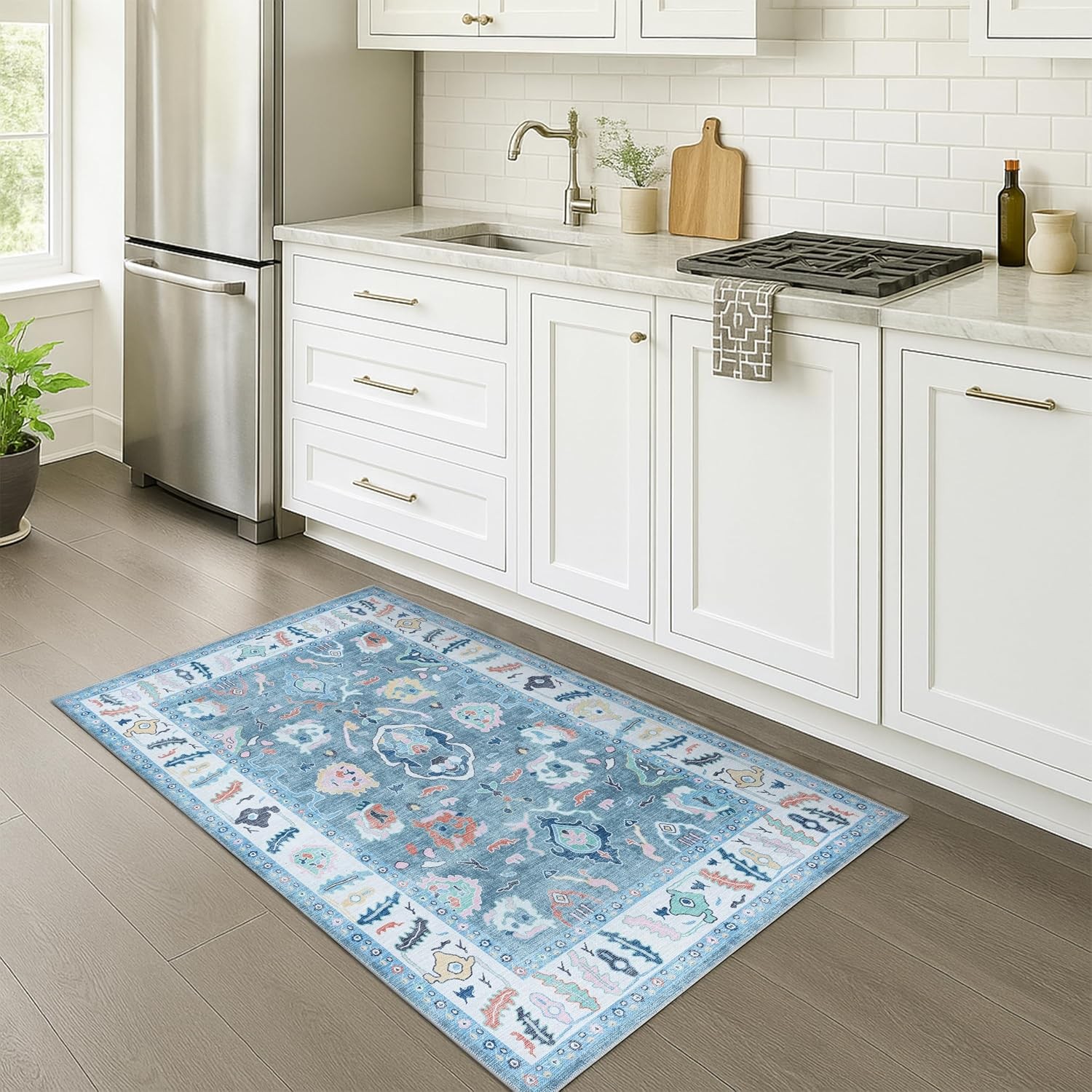 Teal Modern Oushak Rug 5×7, Washable Vintage Turkish Colorful Oriental Antique