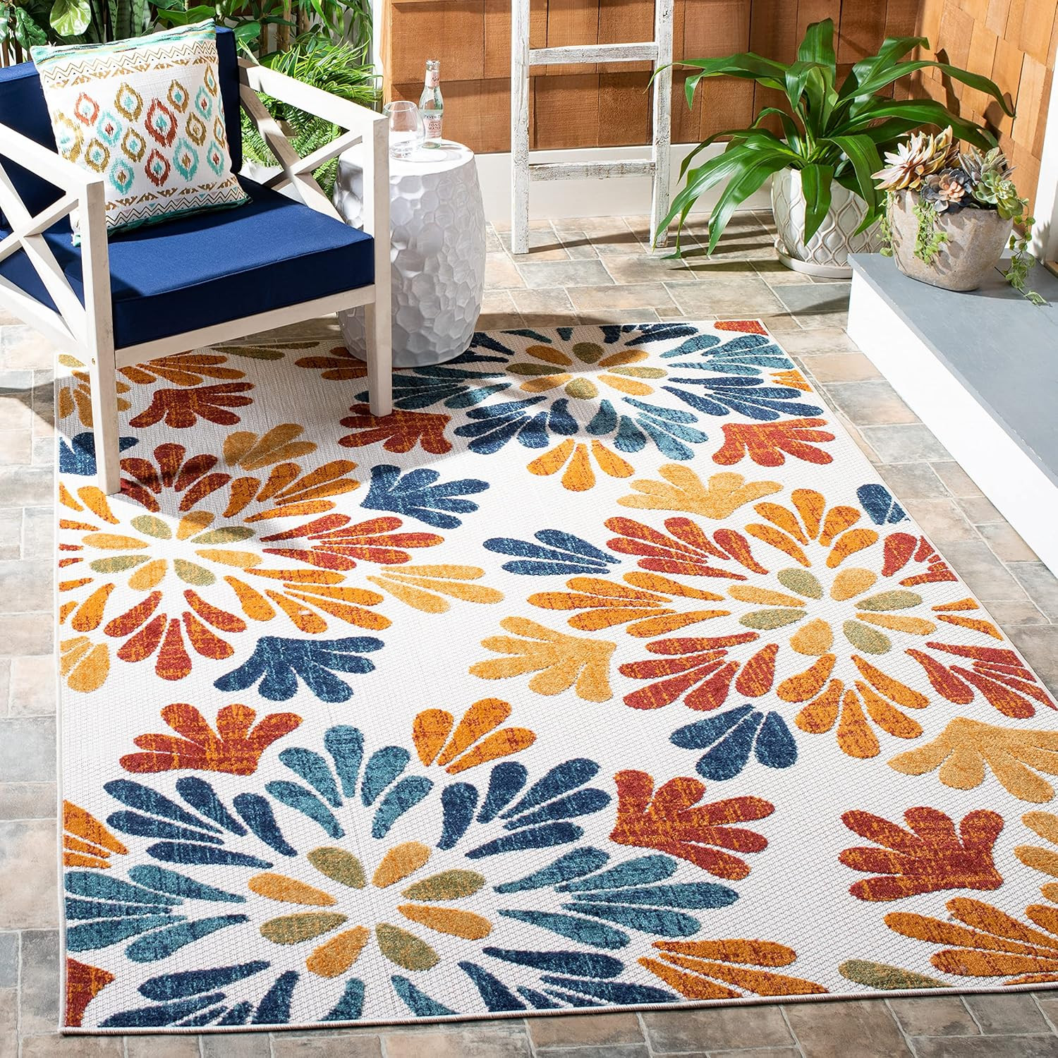 SAFAVIEH Washable Rug Outdoor Cabana Collection – 6’7″ Square, Cream & Red, Non-