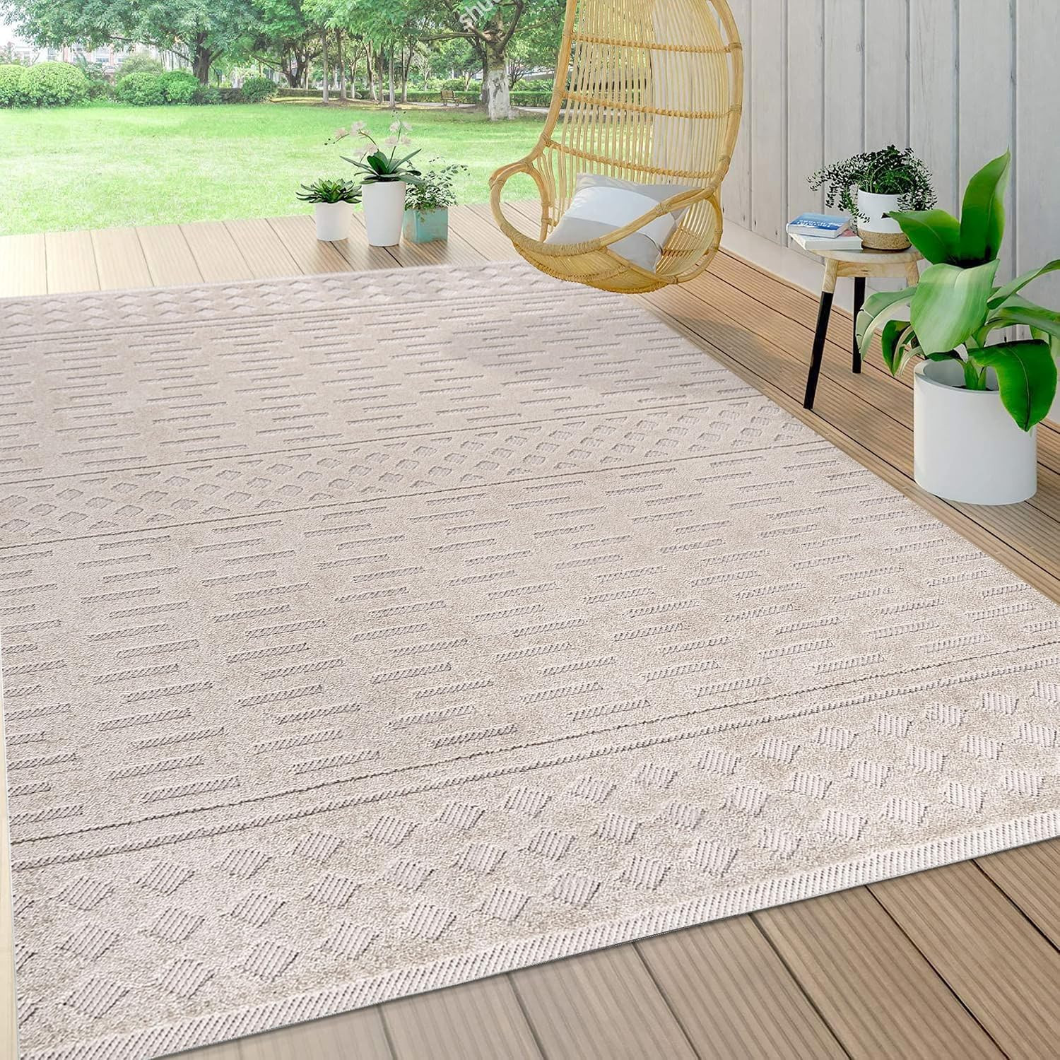Moroccan Geometric Indoor Outdoor Area Rug 4X6 Beige, Xlendi High-Low Pile for B