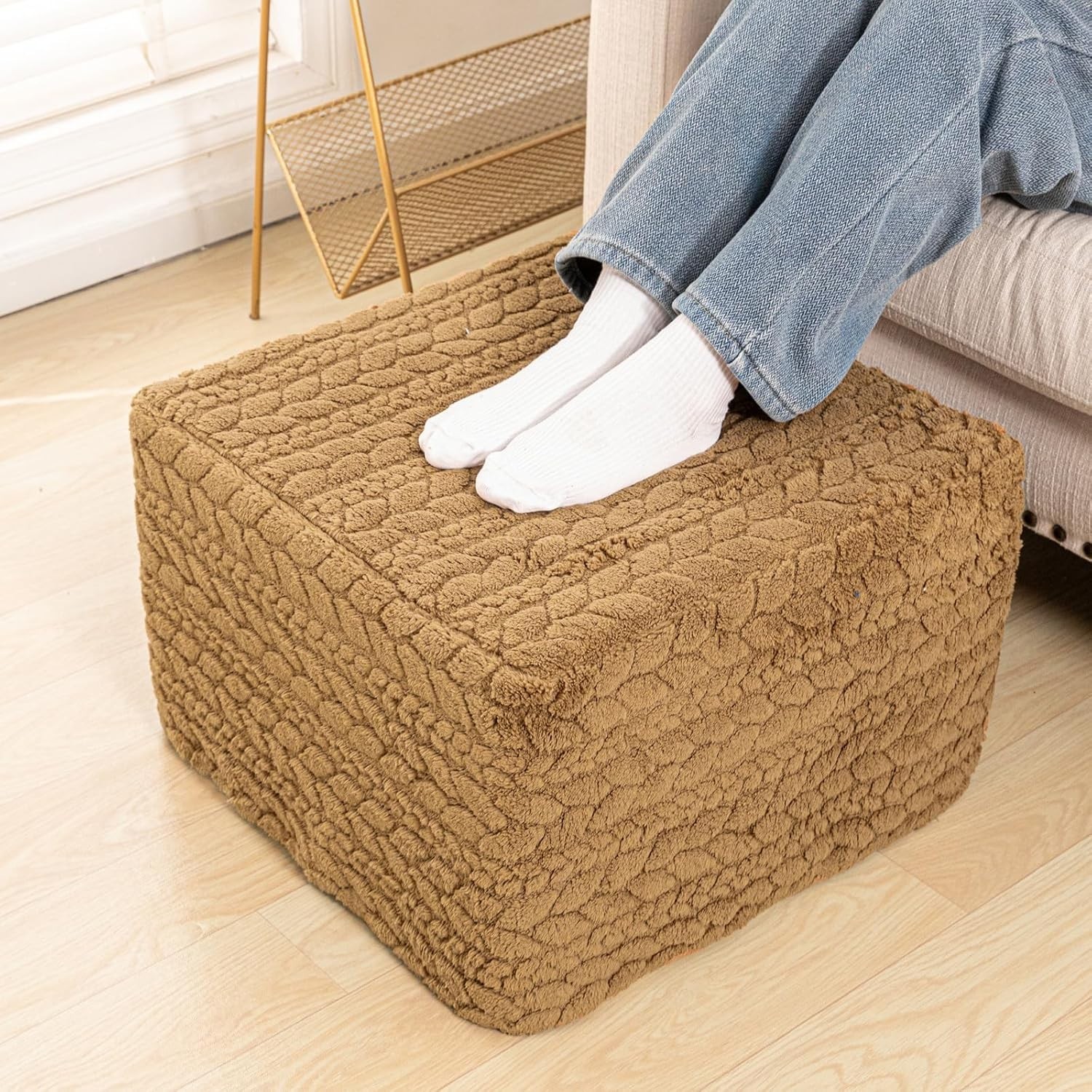 20x20x14 Inches Fluffy Square Pouf Ottoman – Plush Furry Boneless Ottoman Foot