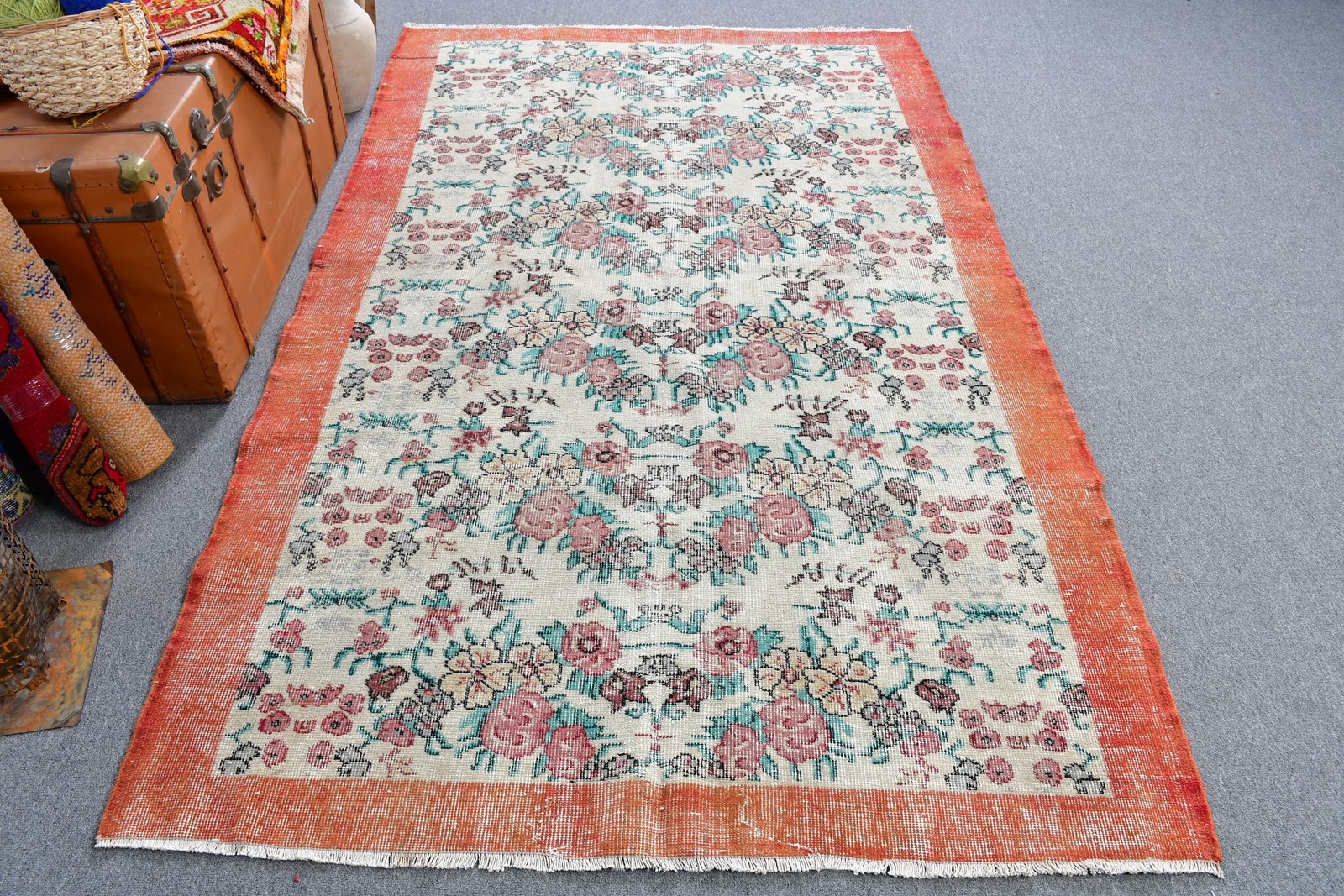 4,8×8 ft Rug, Vintage Turkish Rug, Red Pink Handmade Wool Rug