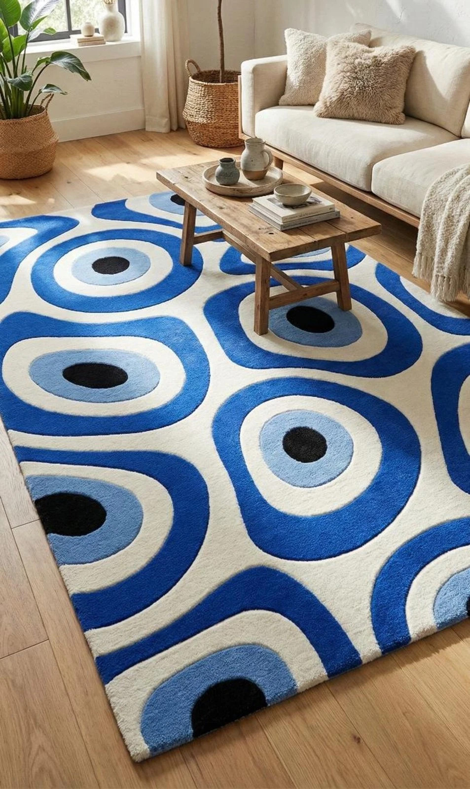 Mod-Style Blue Evil Eye Rug Organic Wavy Swirl Handmade Wool Area Rug 8×10 Room