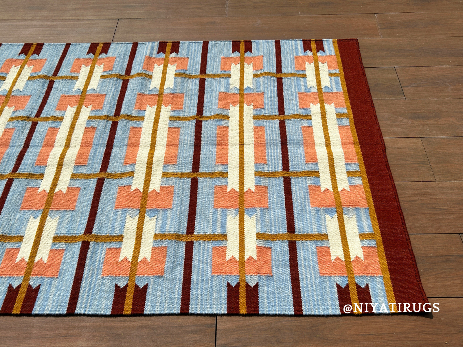 Swedish Kilim Wool Area Rug Blue Peach Geometric Scandinavian Handwoven Boho Rug
