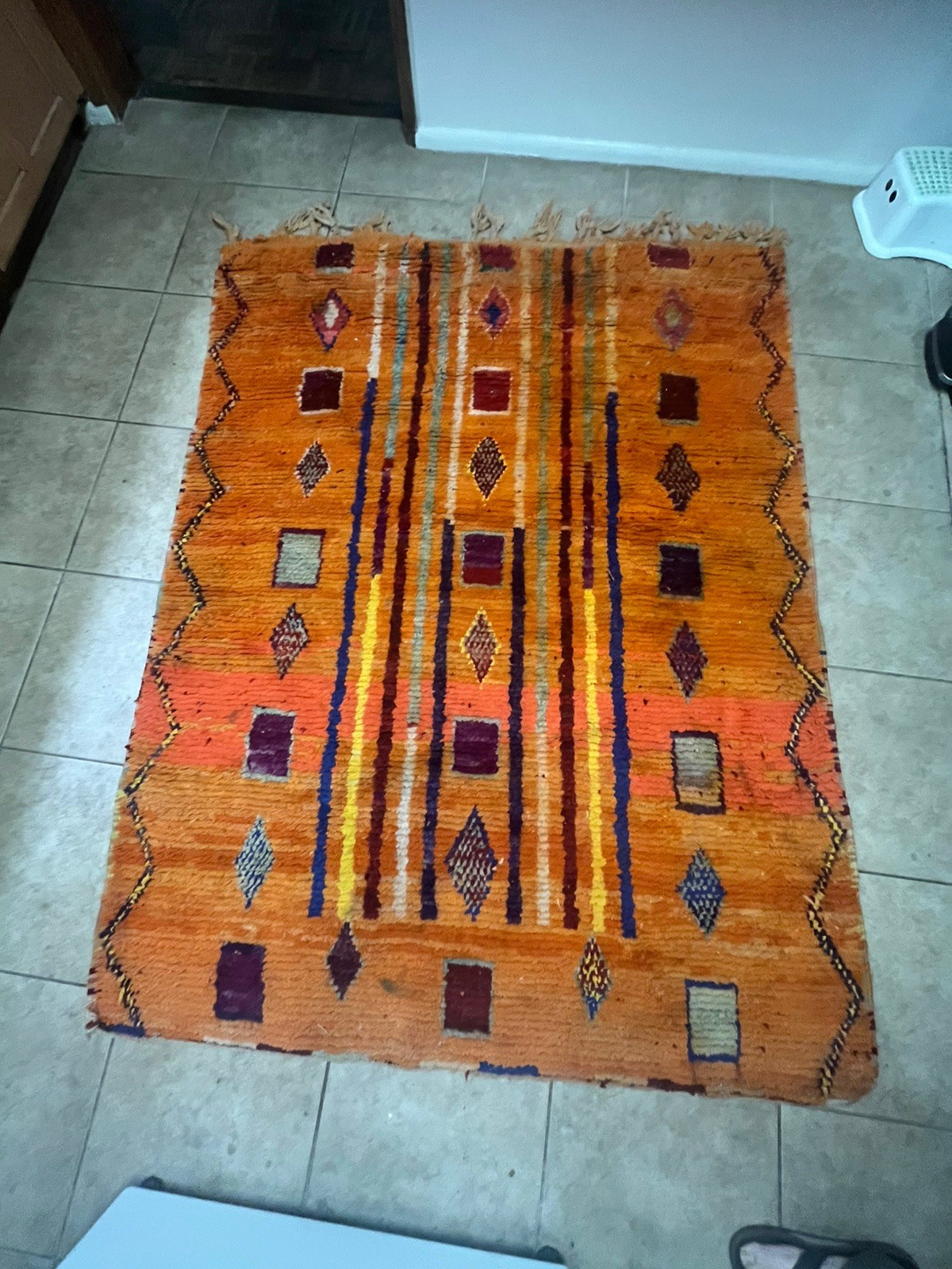 Moroccan Handmade Vintage Rug 5 x 6’3 Berber Striped Orange Wool Carpet Eames