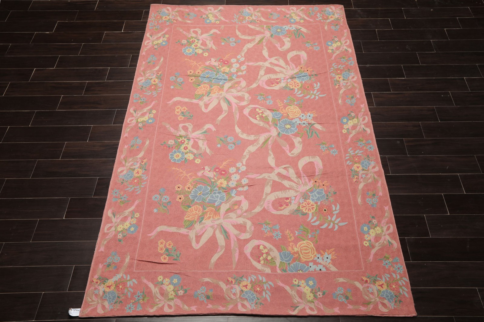6’x8’10” Hand Woven Wool Pink Chainstitch Traditional Rug