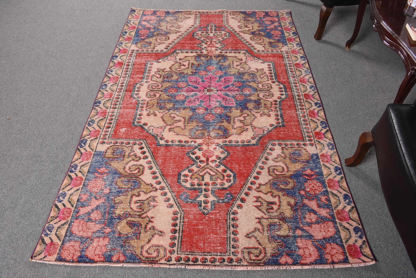 Vintage Rug, 4,3×6,8 ft Area Turkish Rug, Red Blue Floral Rug