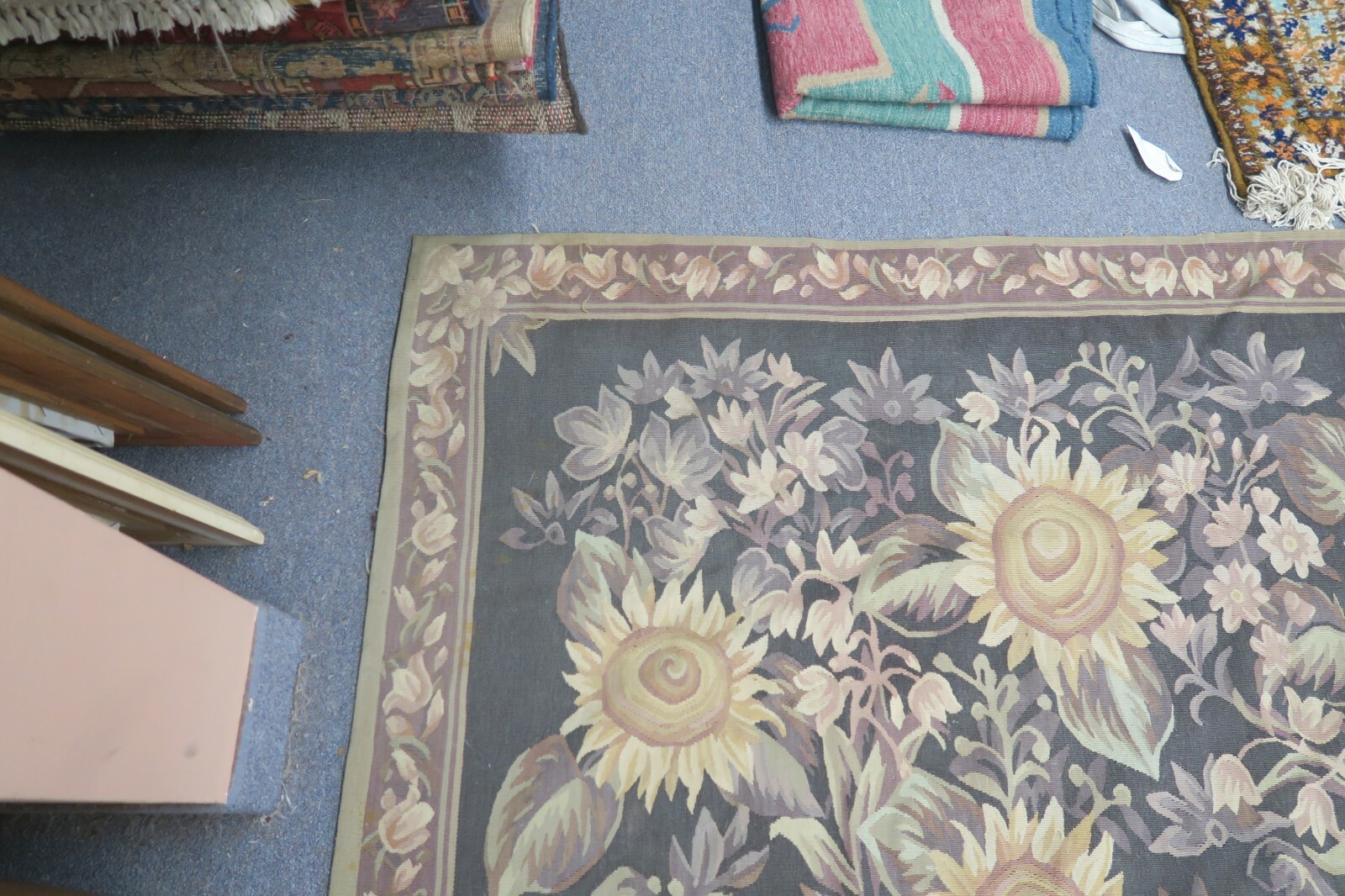 French Aubusson Needlepoint Tapestry Rug 6′ x 9’7 Wool Hand-WovenShabby-Chic