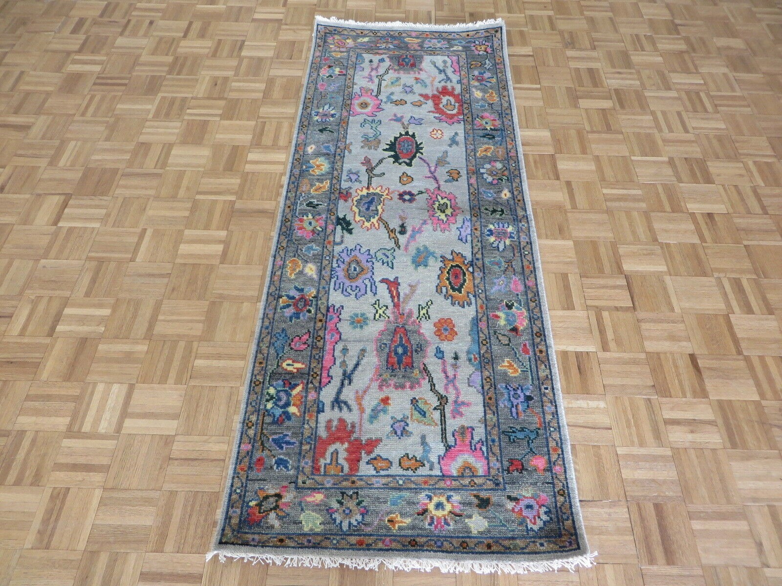3 x 8 Runner Hand Knotted Gray Colorful Turkish Oushak Oriental Rug G13037