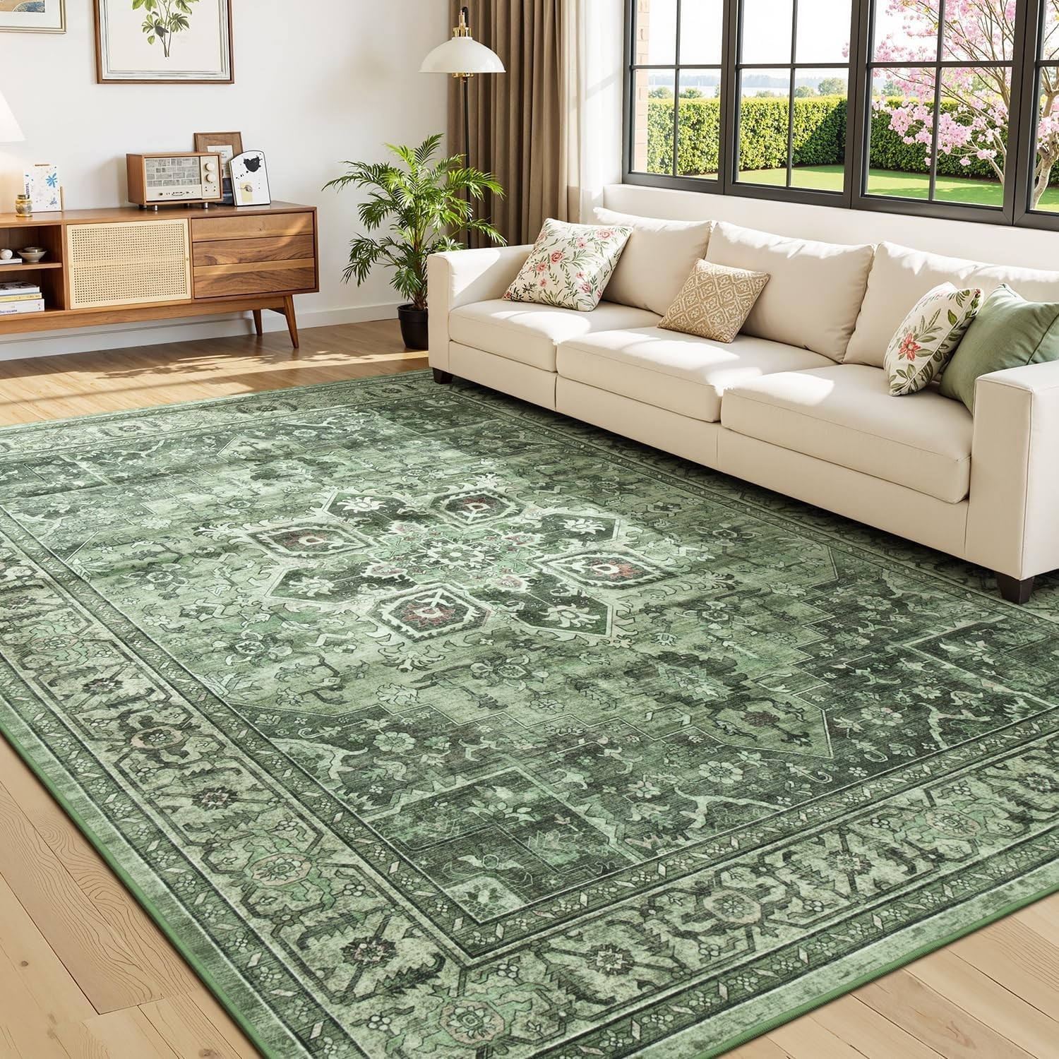 Elegant Sage Green 8×10 Area Rug – Distressed Floral Aesthetic for Living Room